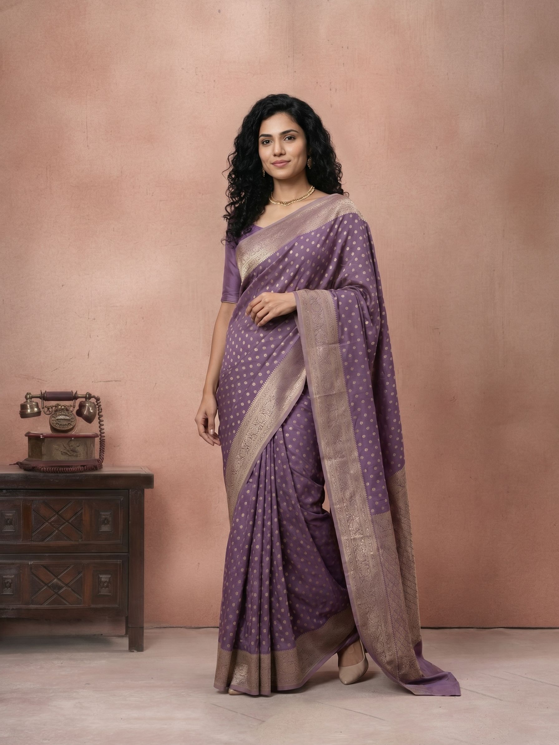 Woman wearing a purple saree with a beige border against a pink background