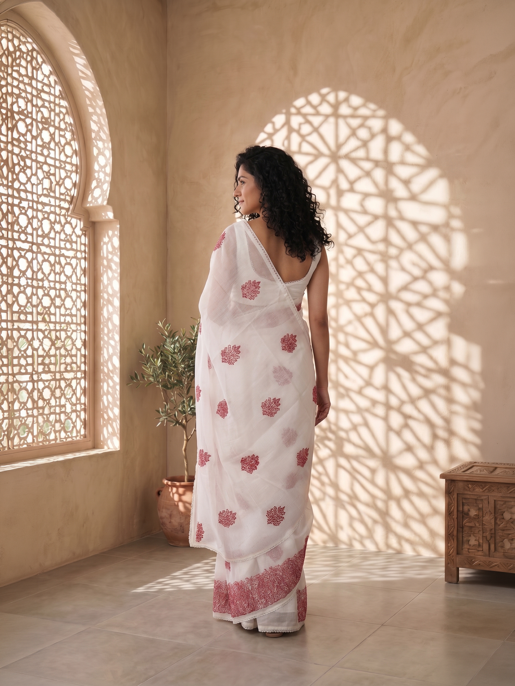 Net Cotta Saree with Red Floral Embroidery Border and Traditional Butta Motifs
