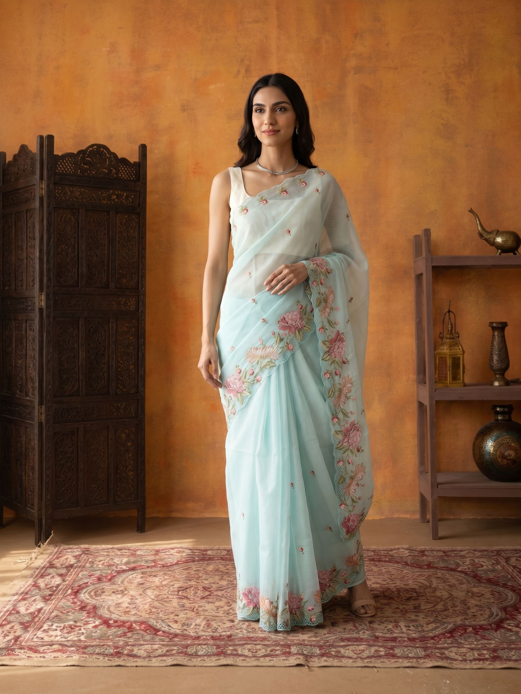 Woman in a light blue saree with floral patterns standing in a room with an orange wall and wooden furniture.