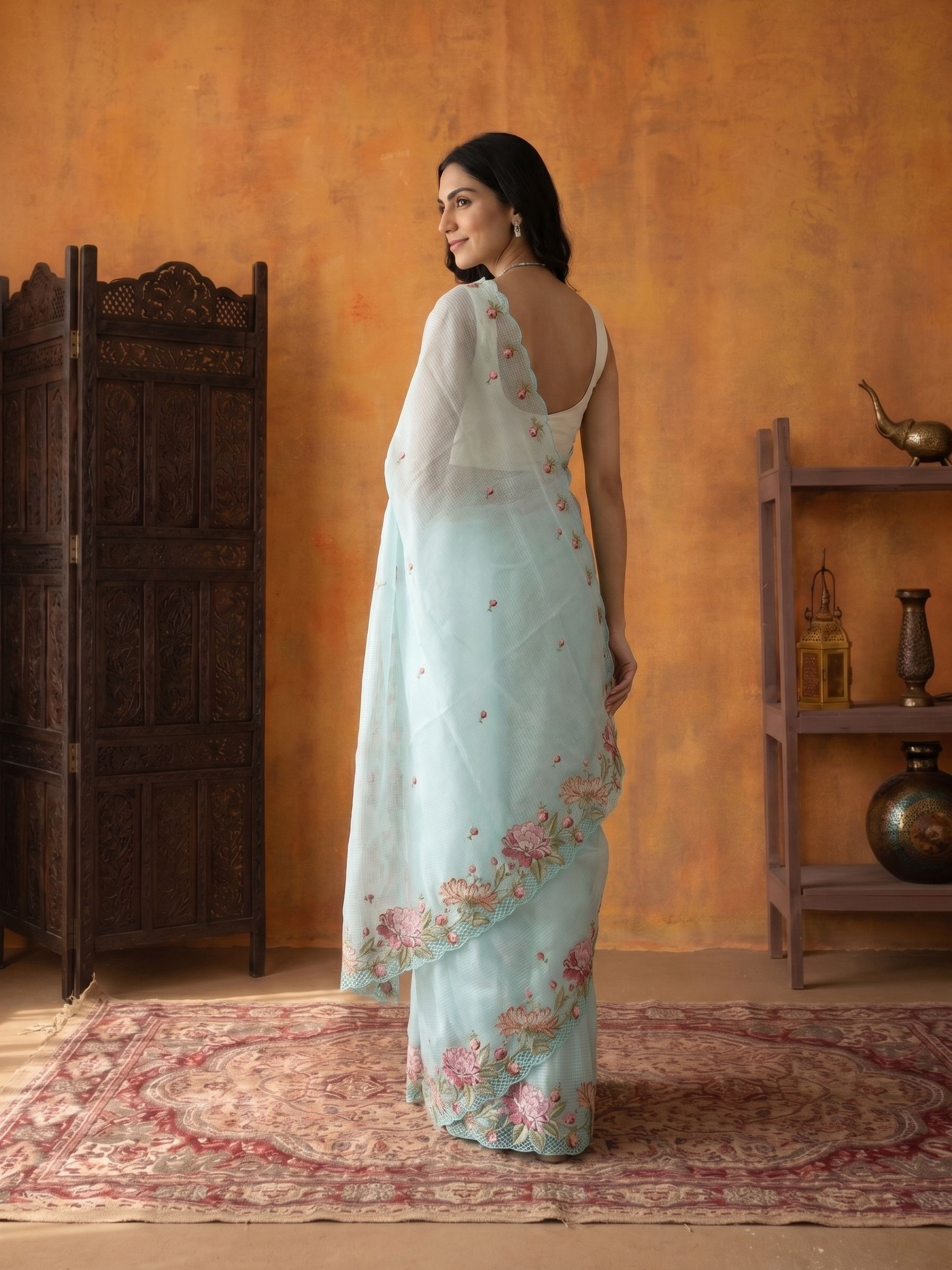 Net Cotta Saree with Pink Floral Embroidered Border and Scattered Floral Motifs