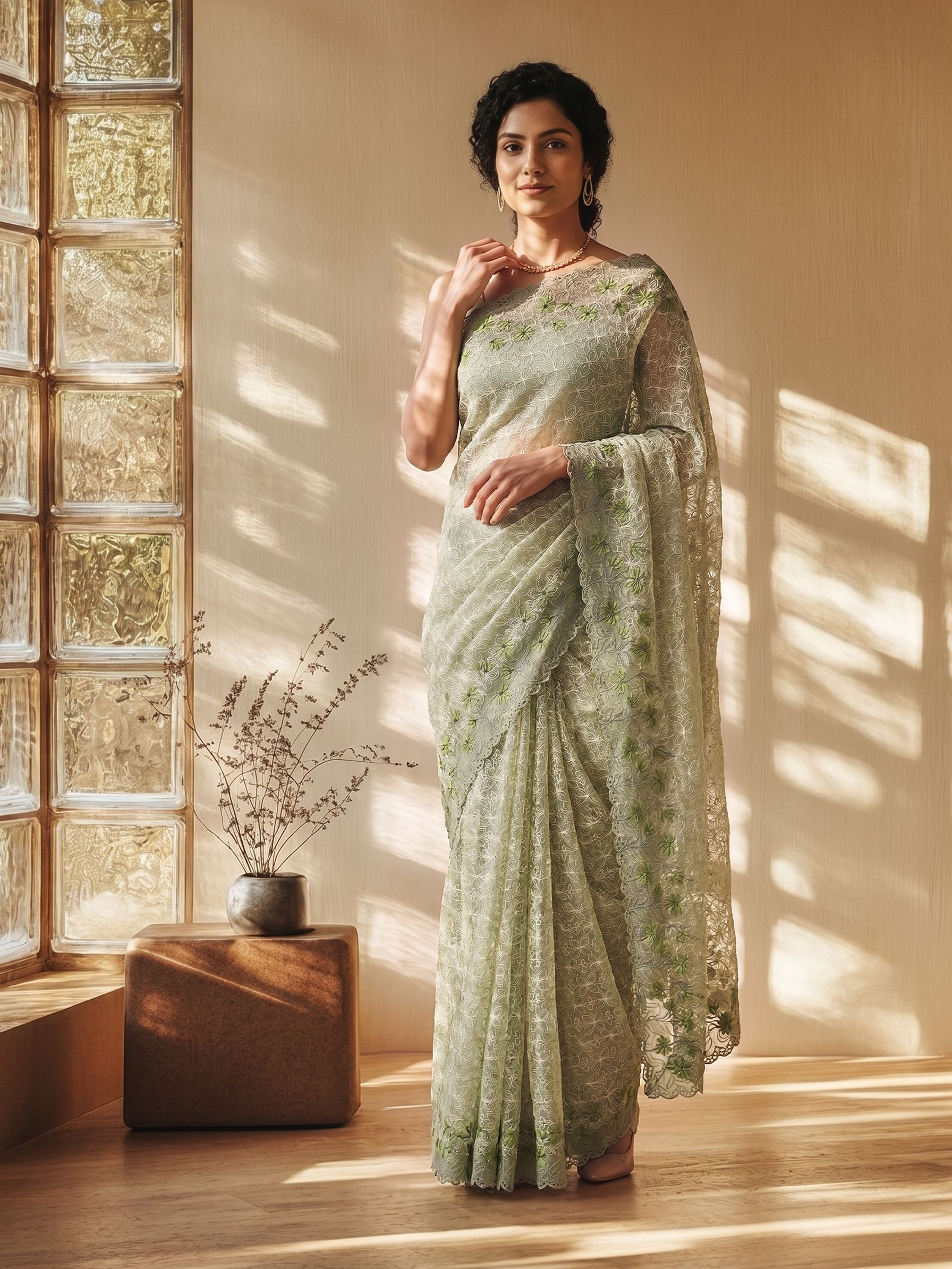 Woman in a light green saree standing in a room with a textured wall and plant.