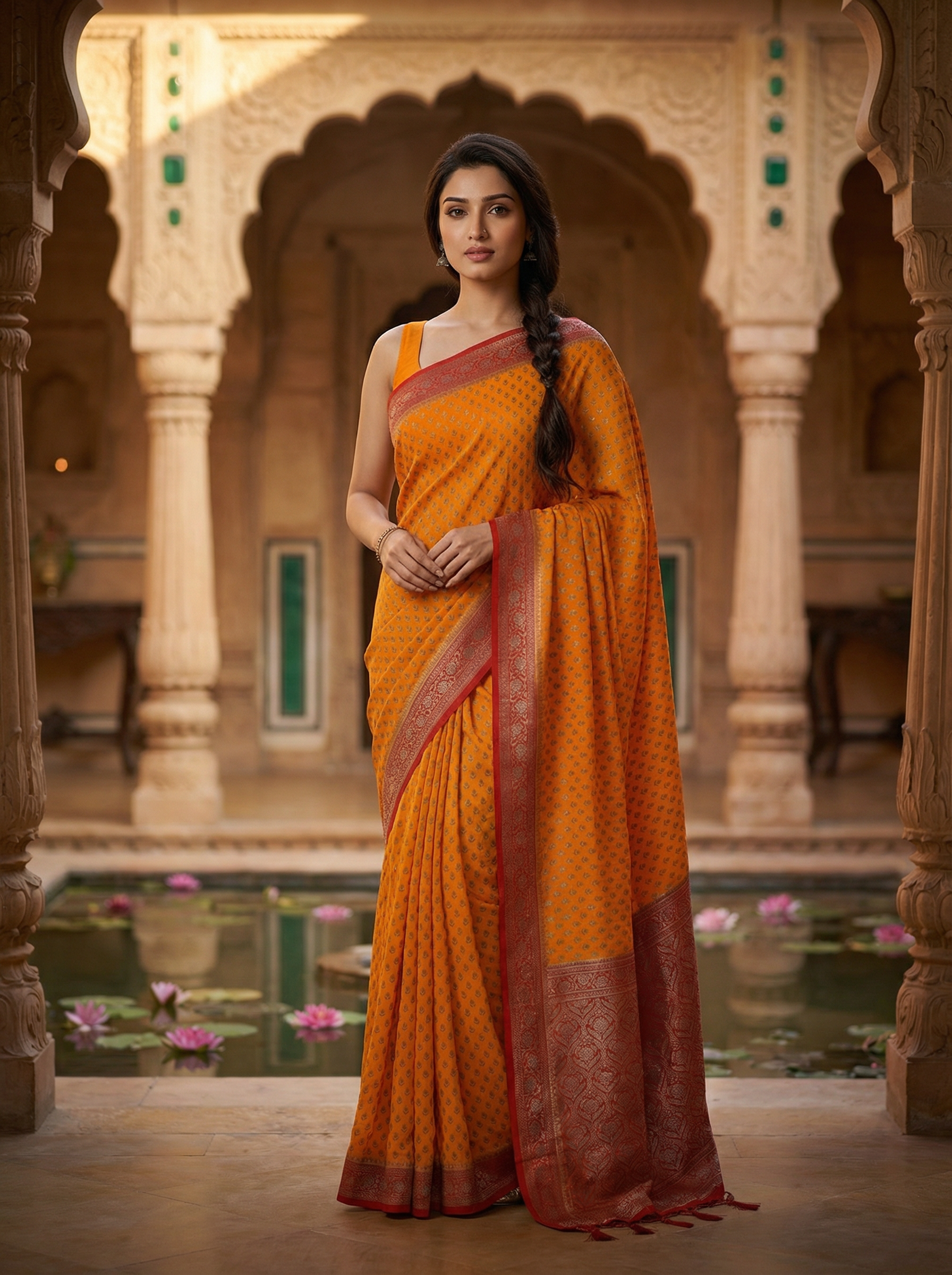 Georgette Banarasi  Saffron Orange Micro Butti Saree