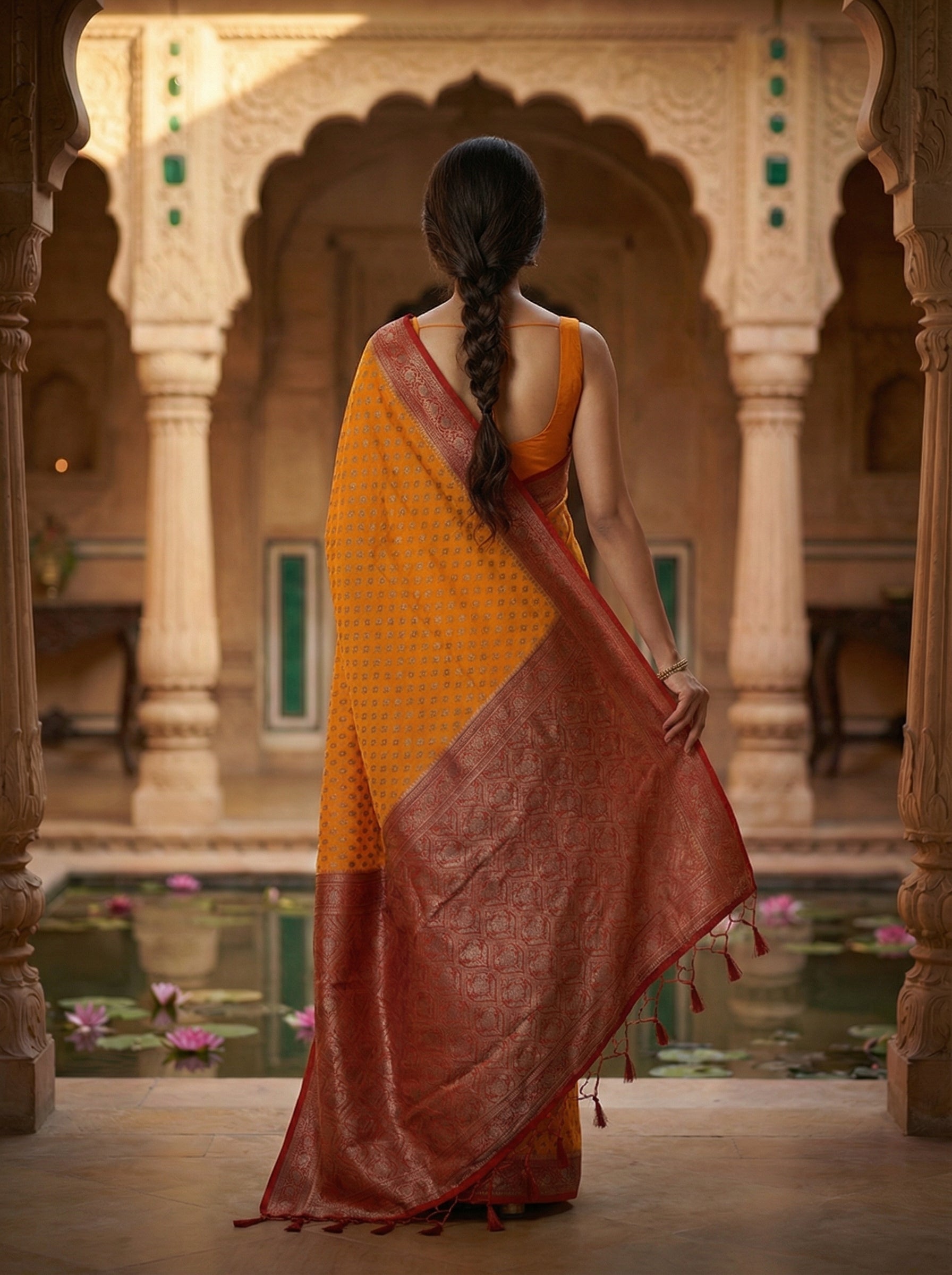 Georgette Banarasi  Saffron Orange Micro Butti Saree