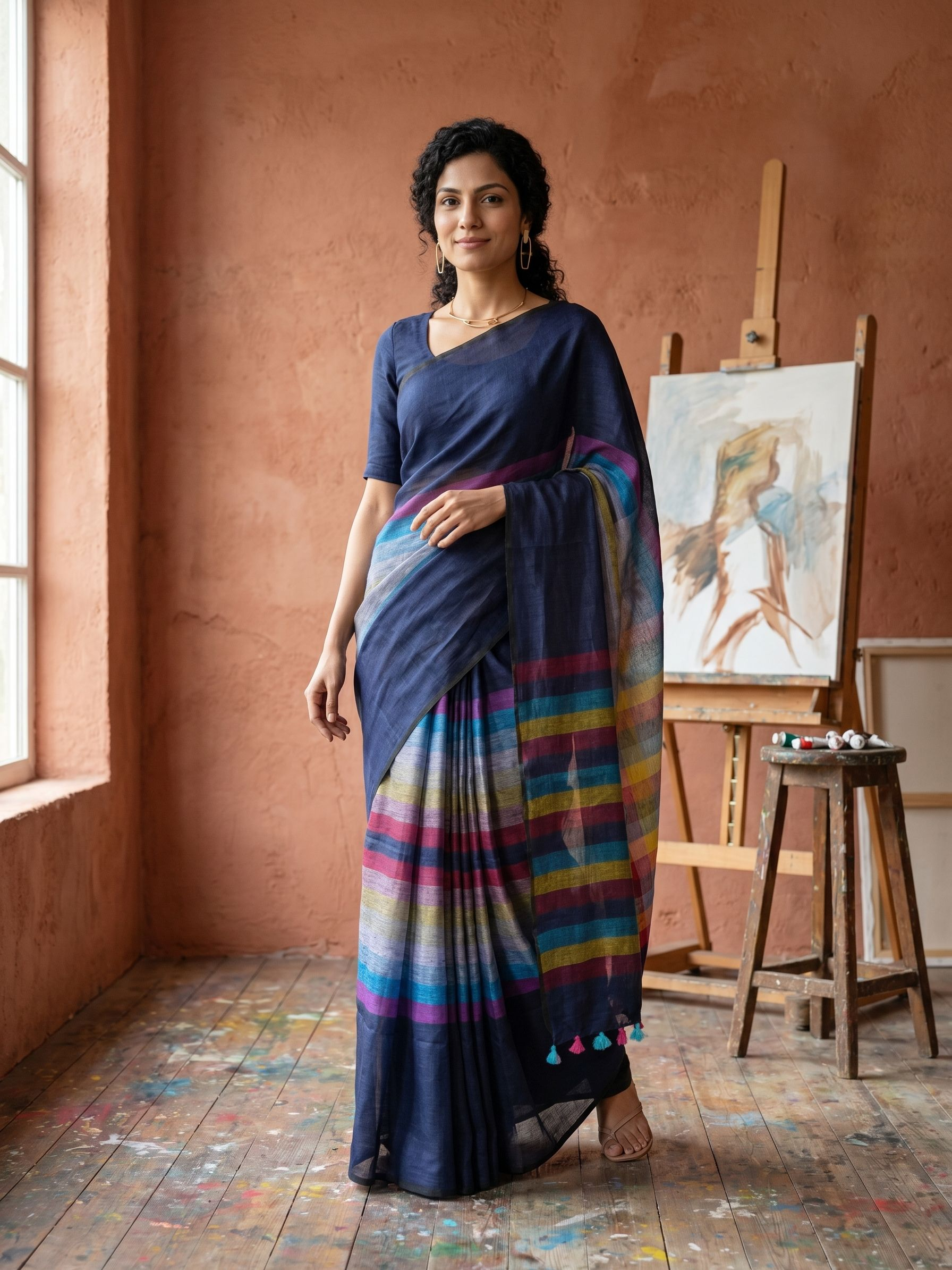 Woman in a blue saree with colorful stripes standing in an artist's studio.