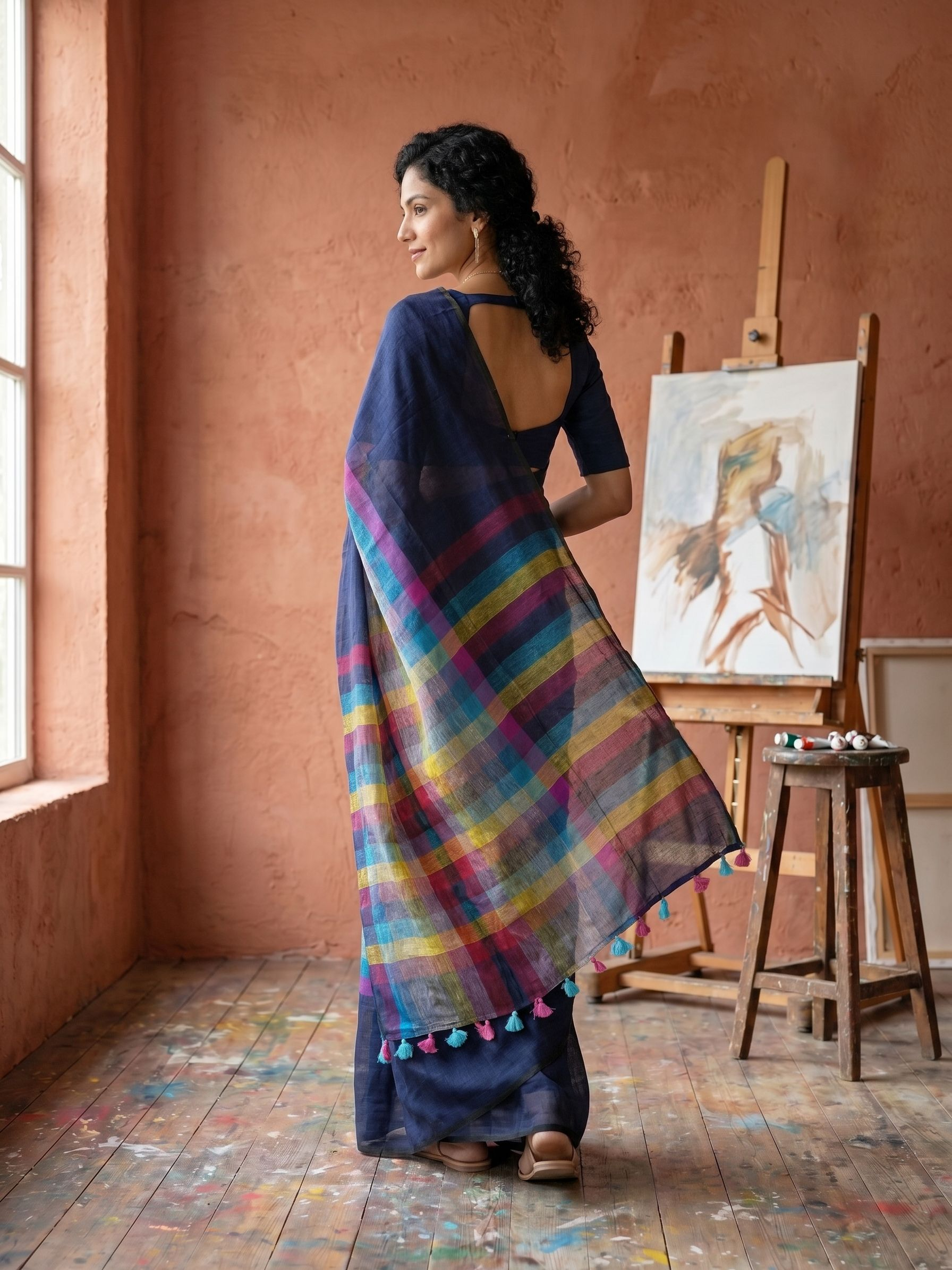 Semi Linen Navy Blue Multicolour Horizontal Stripe Pallu Saree with Blue & Pink Tassel Fringe