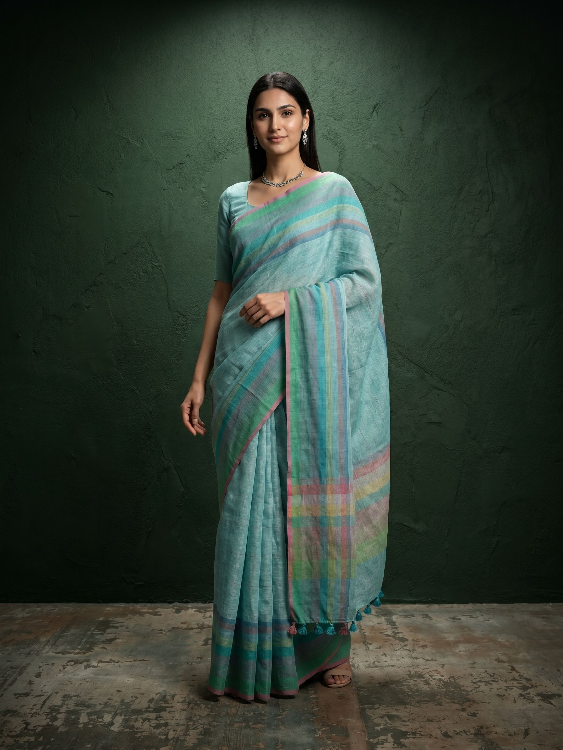 Woman wearing a light blue saree with a green background