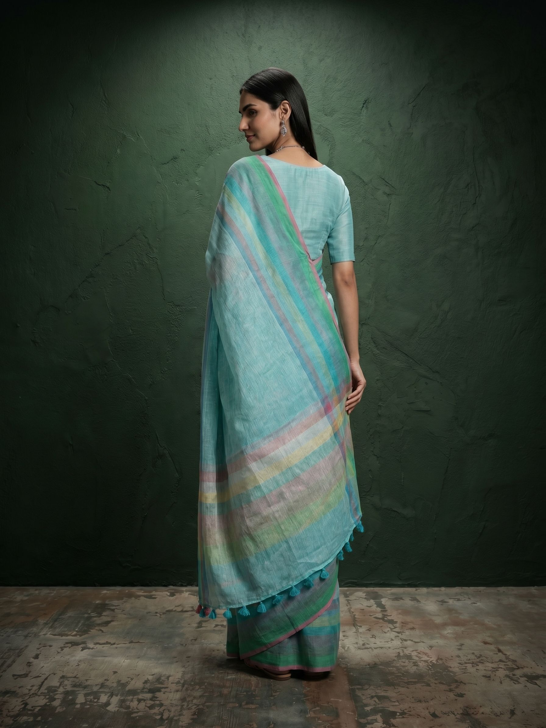 Semi Linen Aqua Turquoise Multicolour Stripe Pallu & Check Border Saree with Pink Piping & Teal Tassel Finish