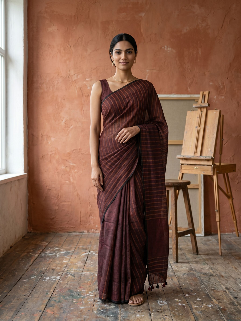 Woman in a brown saree standing in an artist's studio with easels and paint supplies.