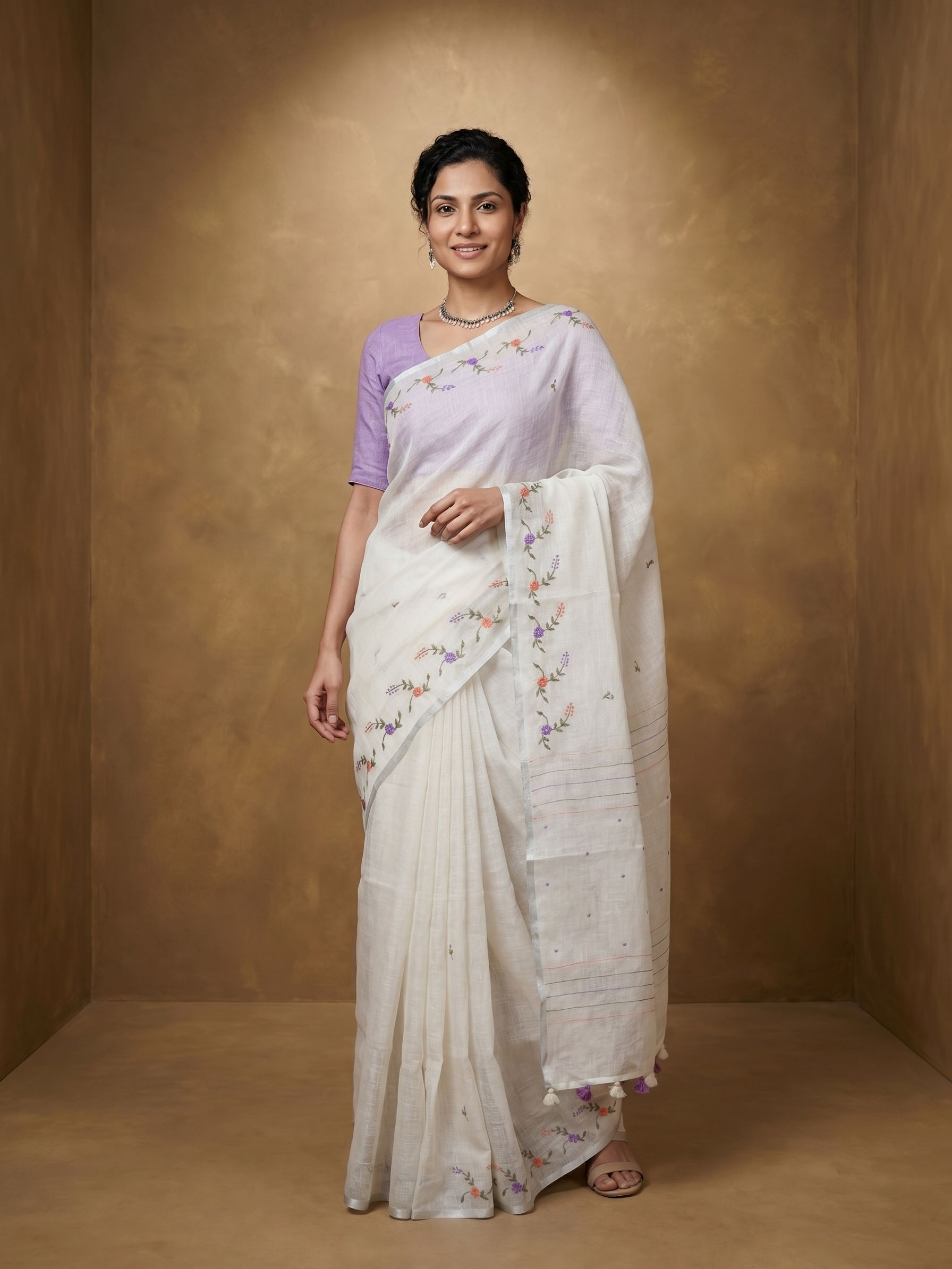 Linen Off White Floral Embroidered Saree with Multicolor Thread Work Border