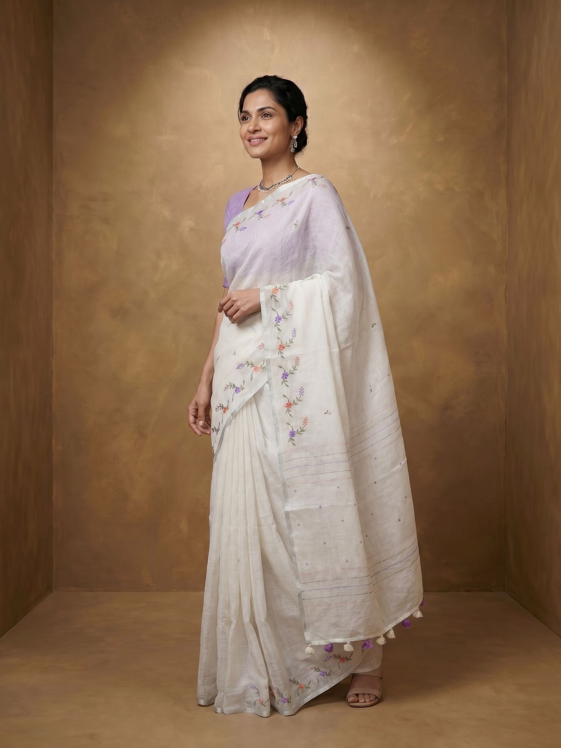 Linen Off White Floral Embroidered Saree with Multicolor Thread Work Border