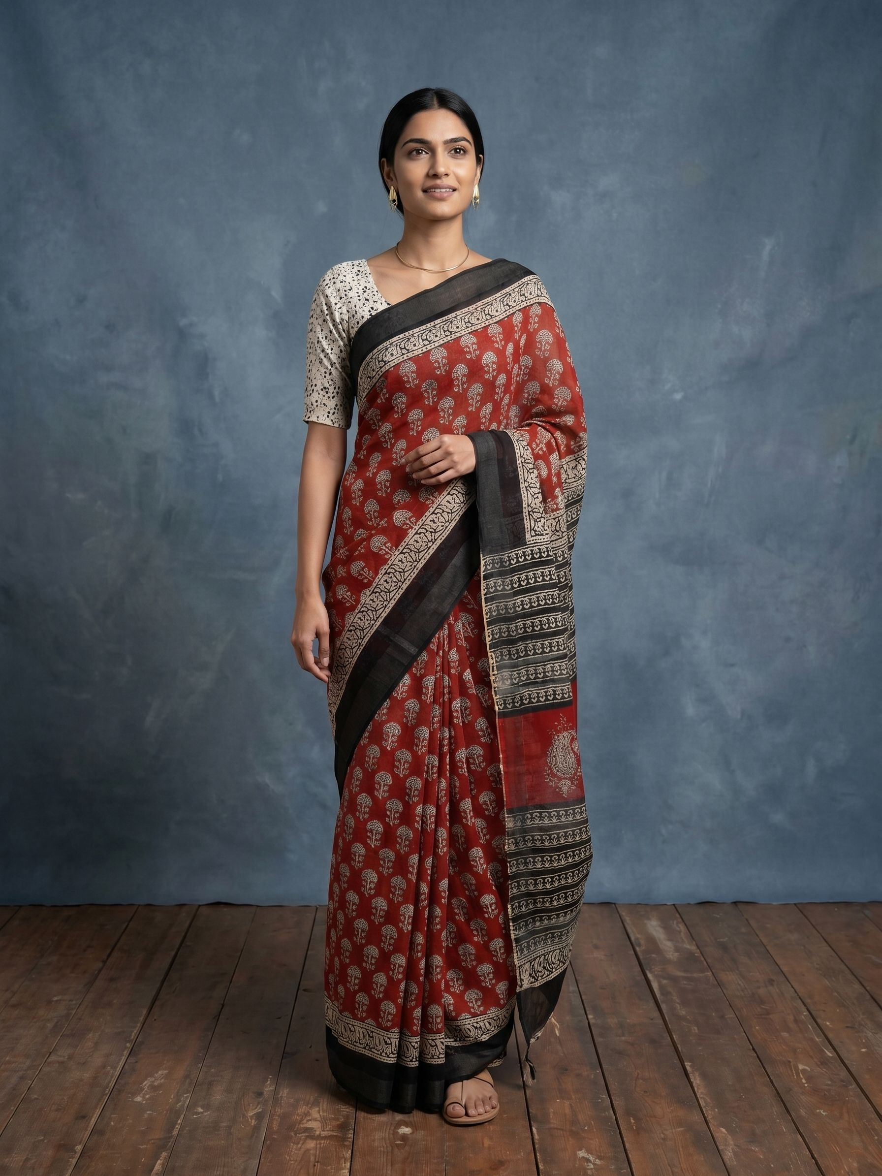 Woman wearing a red saree with black and gold patterns against a blue background