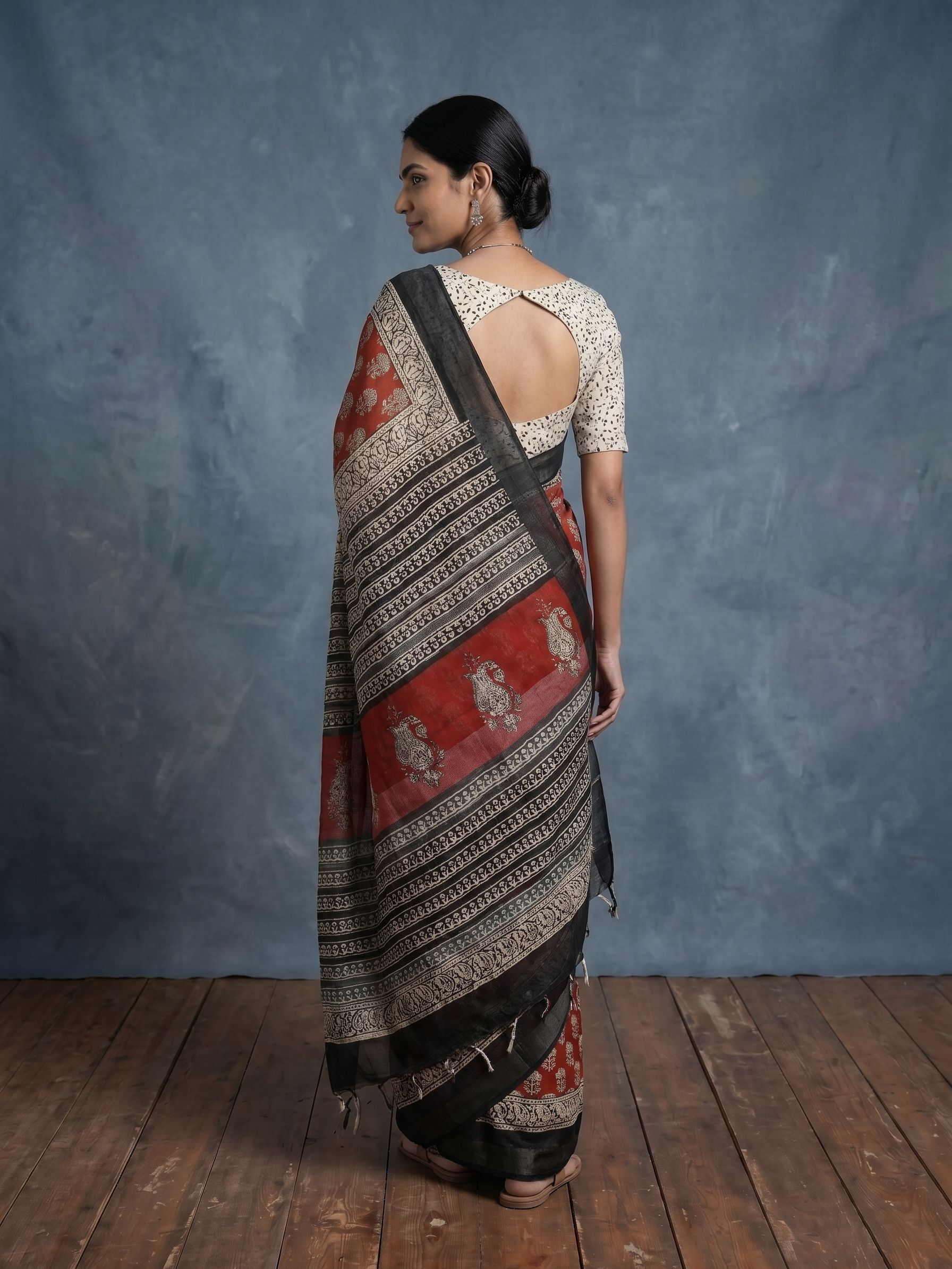 Cotton Red & Black Bagru Block Print Saree with Floral Booti & Paisley Pallu