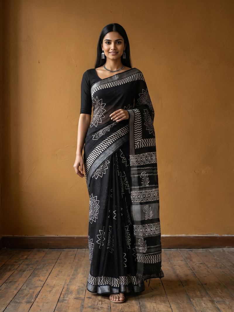 Woman wearing a black saree with white patterns against a beige wall.