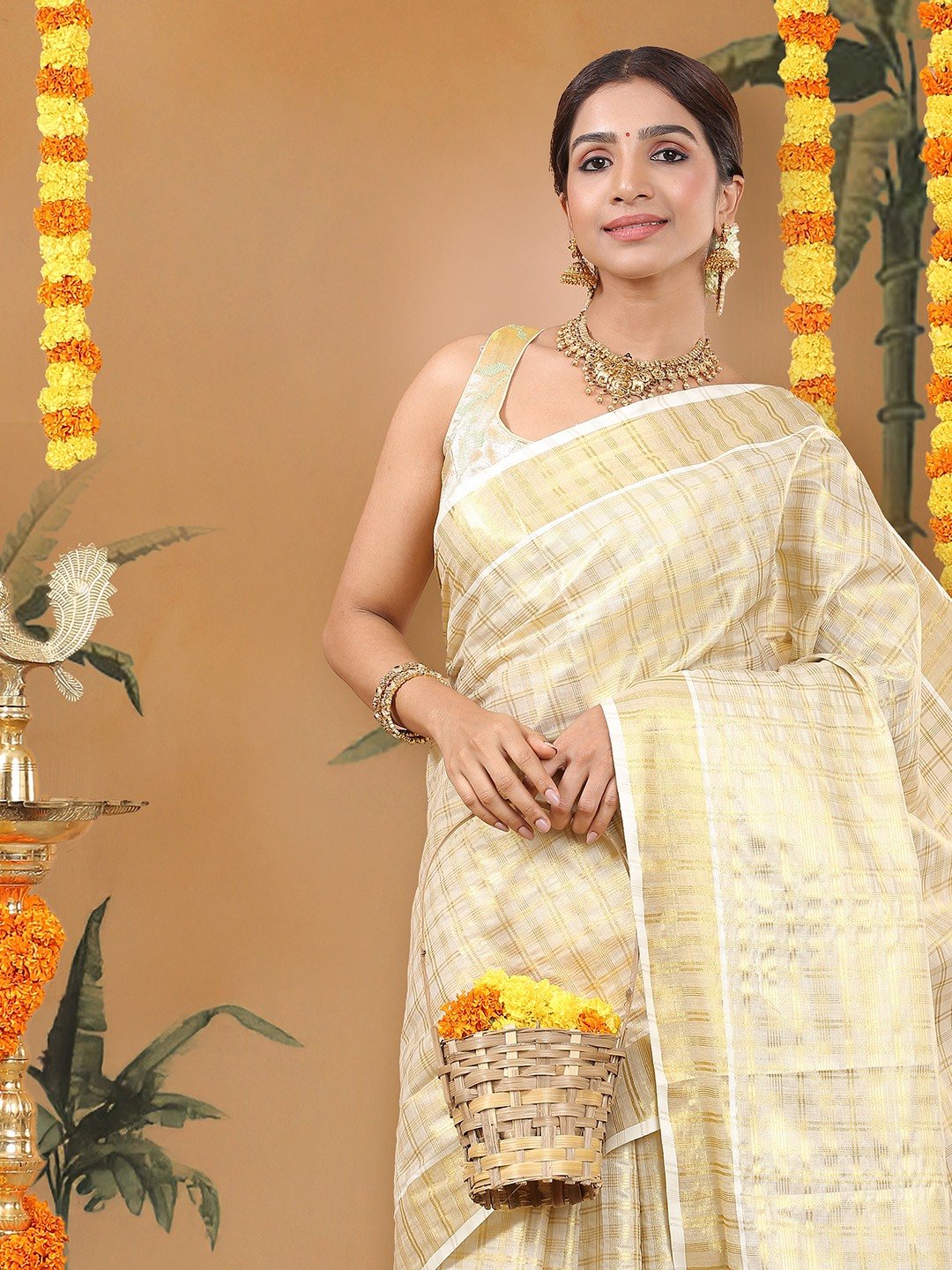 Tissue Golden Kerala Set Saree with Multi-Stripe Checks and Kasavu Border