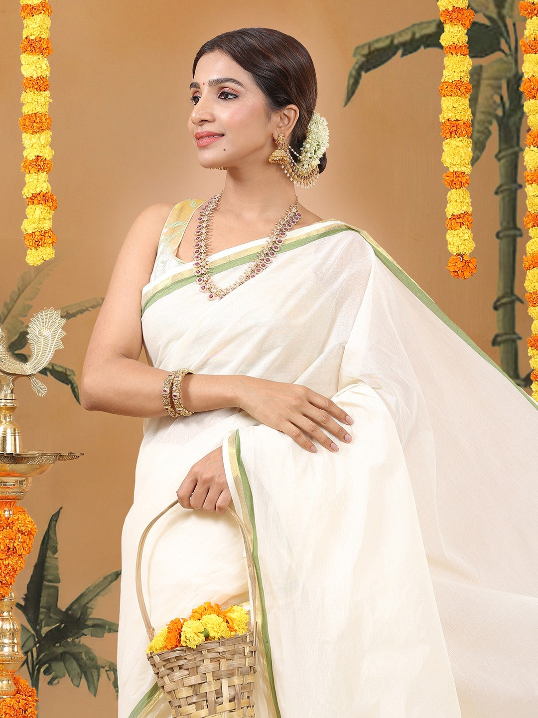 Kalyan Silks Off-White Cotton Set Saree with Golden & Olive Green Double Border