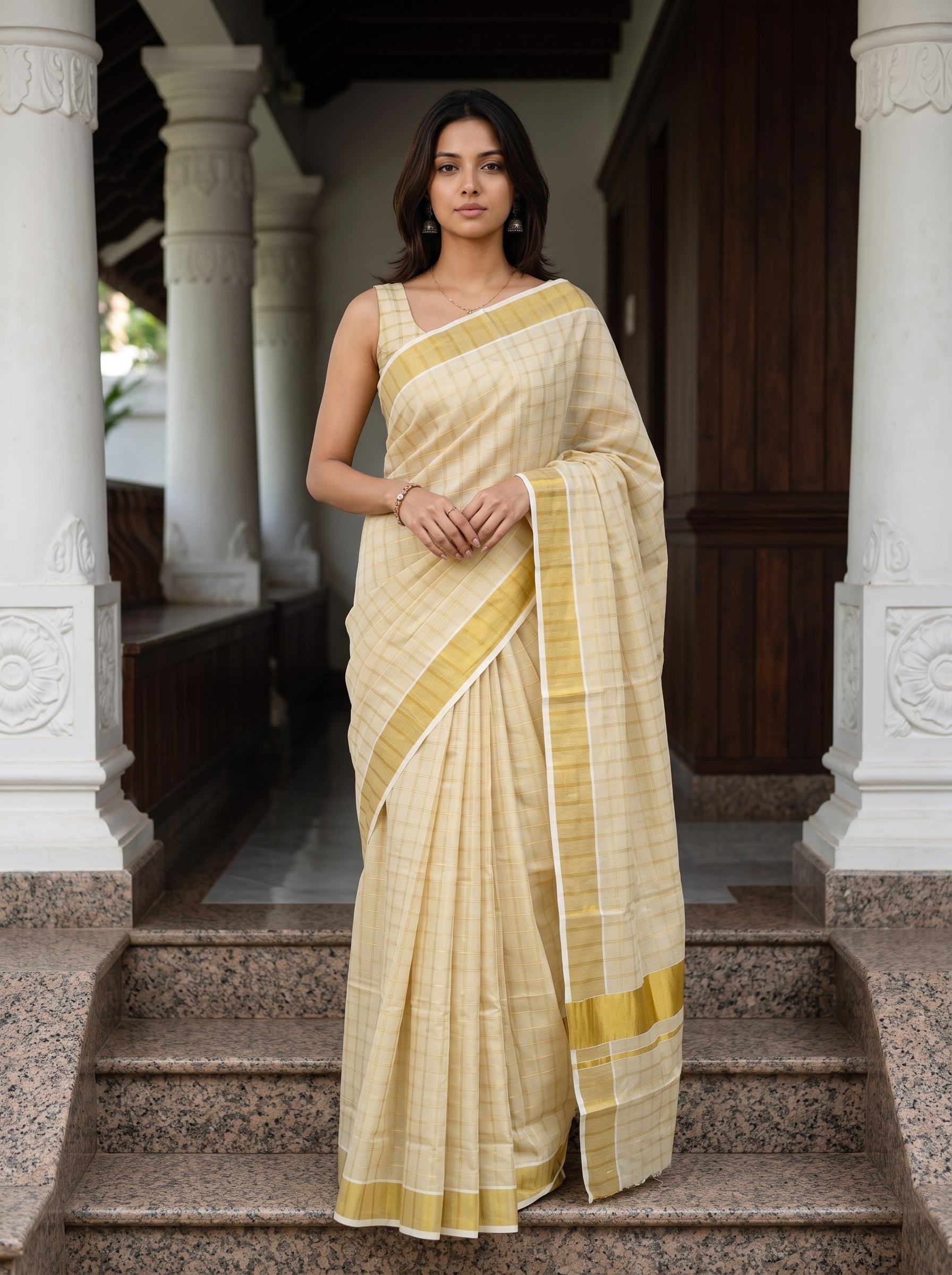 Woman in a traditional cream saree with gold border standing on steps.