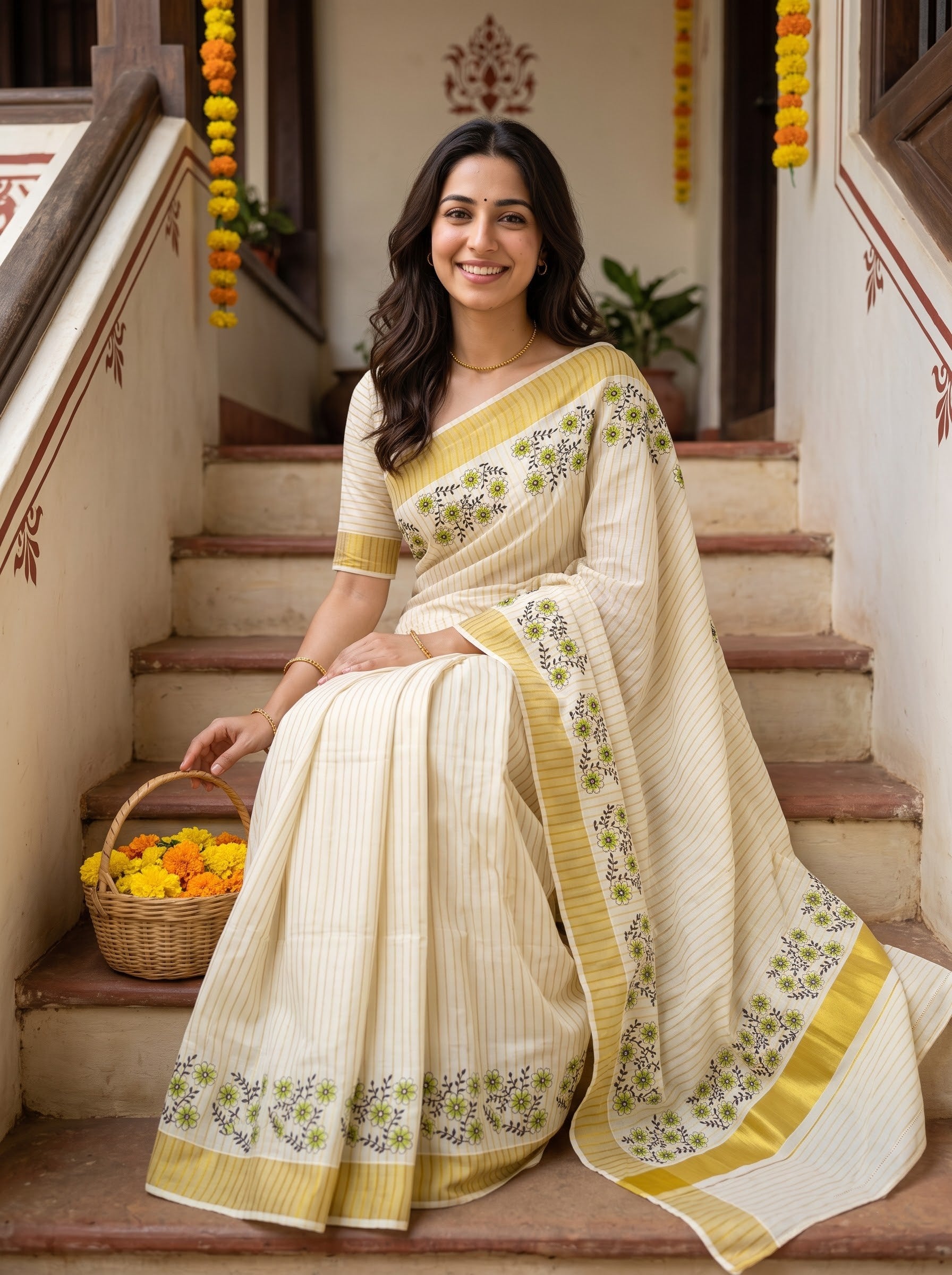 Cotton Cream Pinstripe with Green Floral Vine Border Onam Special Kerala Saree