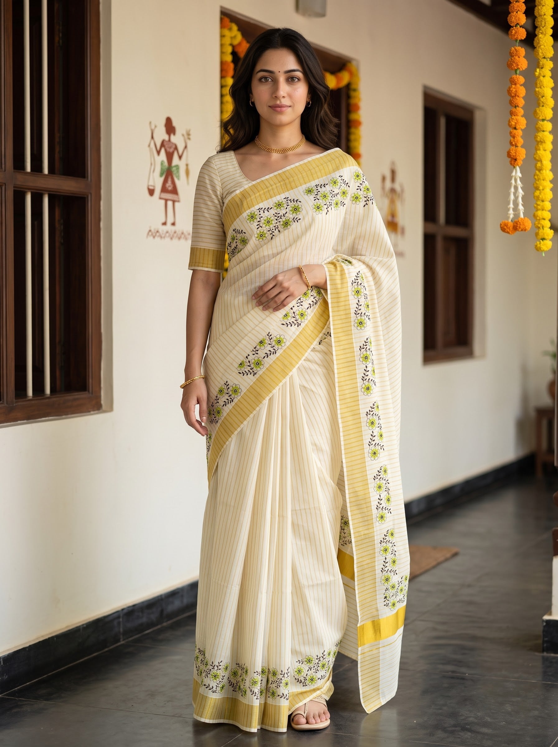 Cotton Cream Pinstripe with Green Floral Vine Border Onam Special Kerala Saree