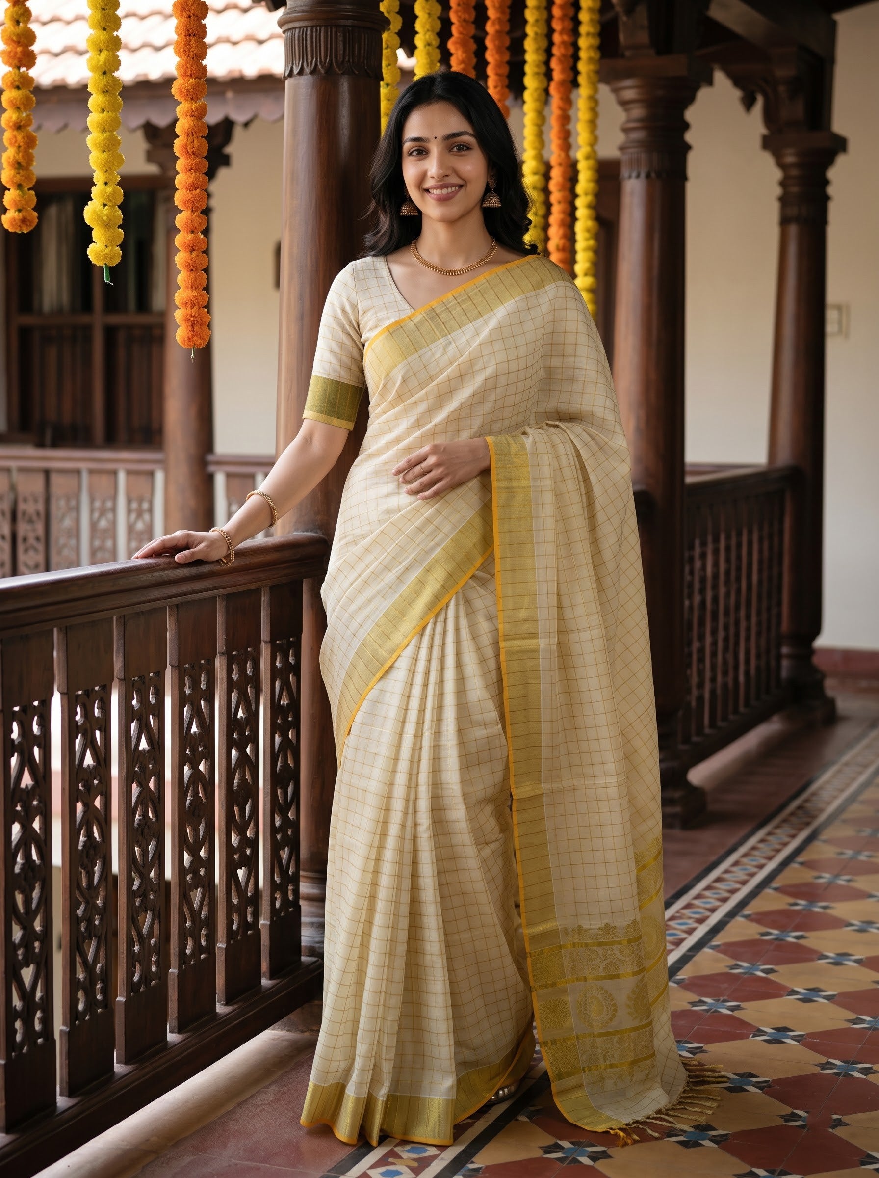 Tissue Cream Golden Check Print Onam Special Kerala Saree with Woven Floral Medallion Pallu