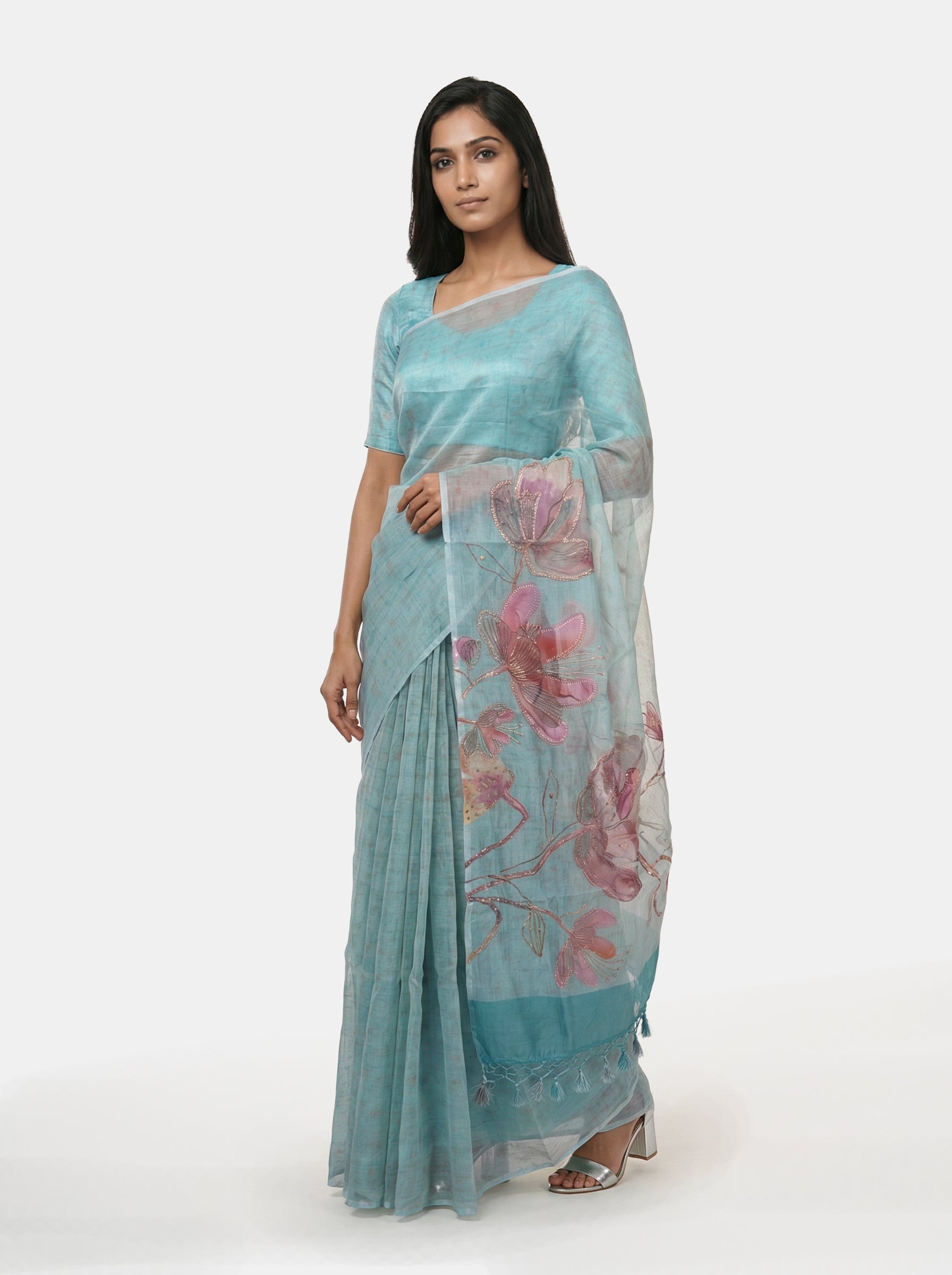 Organza Party Wear Pastel Blue Saree with Artistic Digital Design