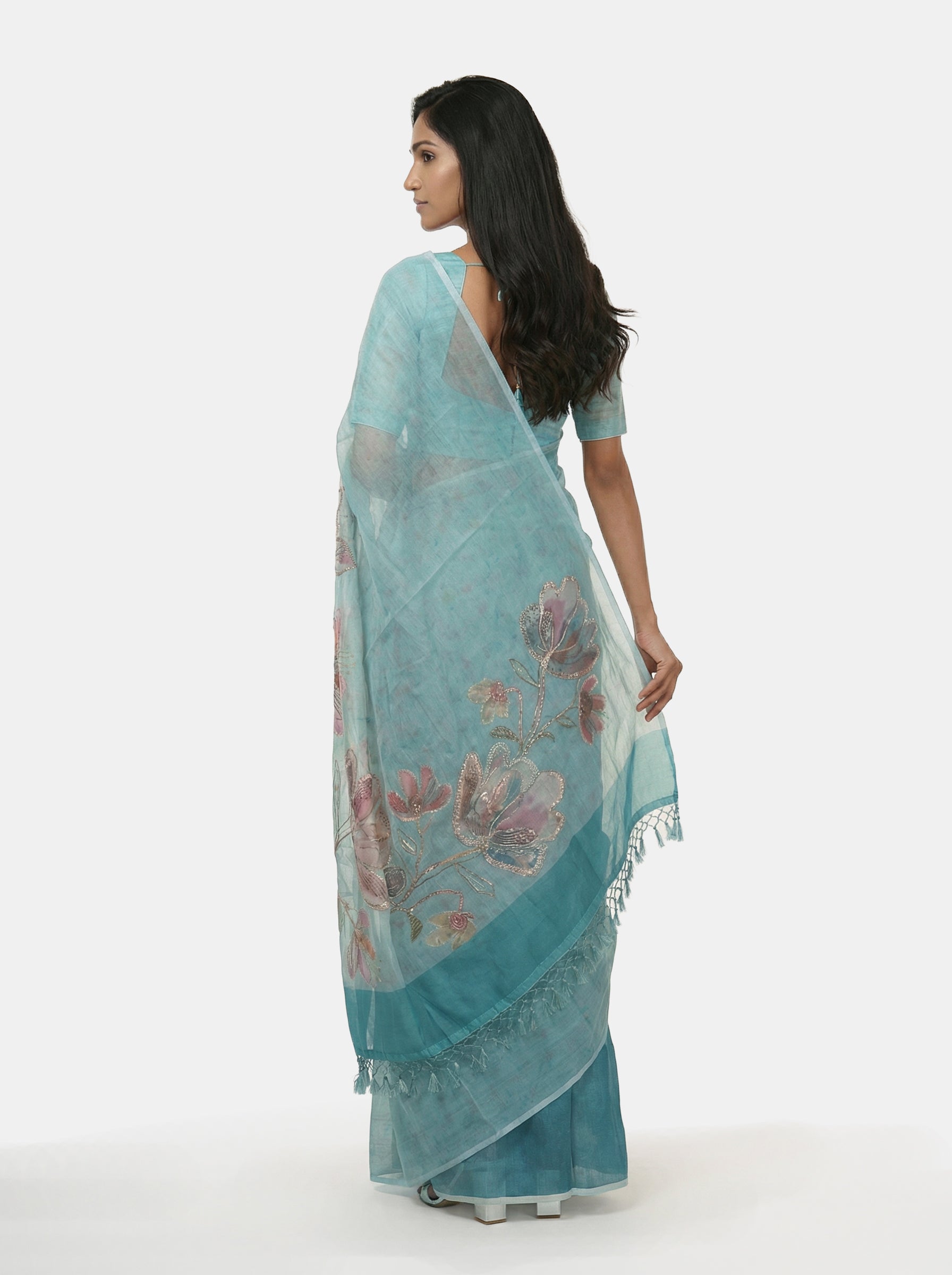 Organza Party Wear Pastel Blue Saree with Artistic Digital Design