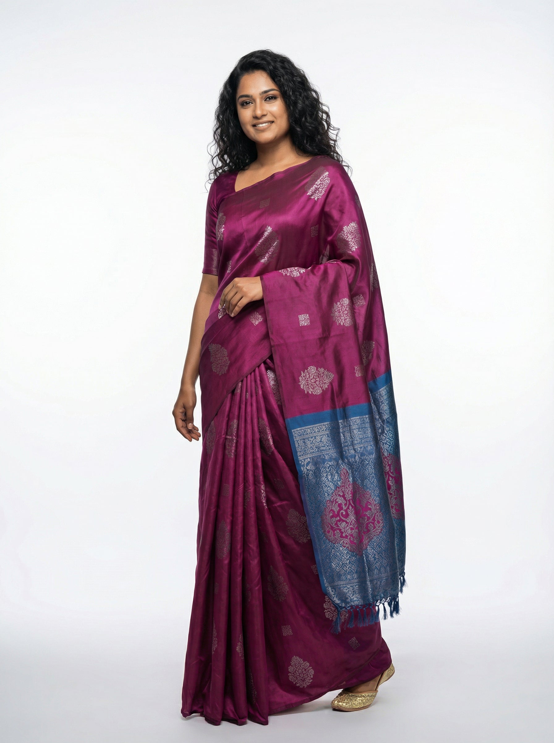 Semi Silk Classic Wine Saree with Butta and Square Design