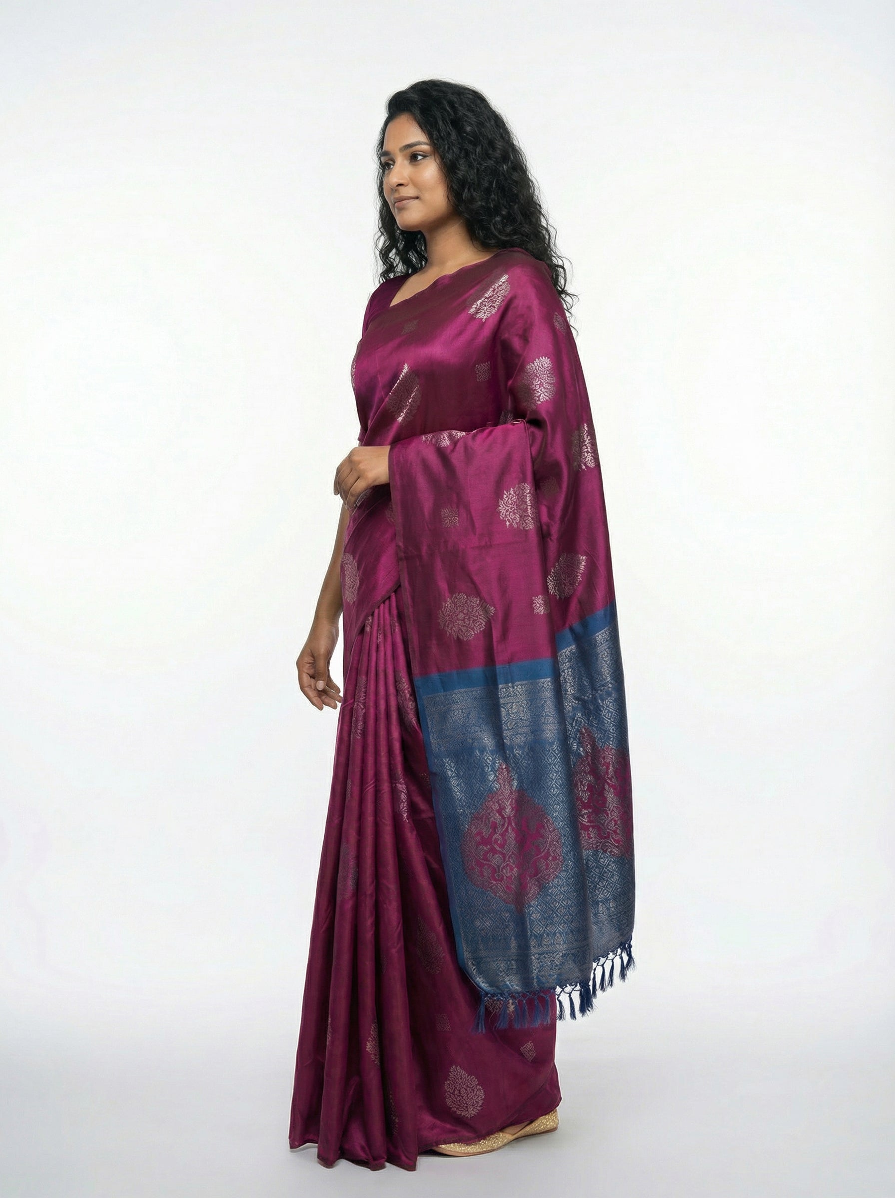 Semi Silk Classic Wine Saree with Butta and Square Design