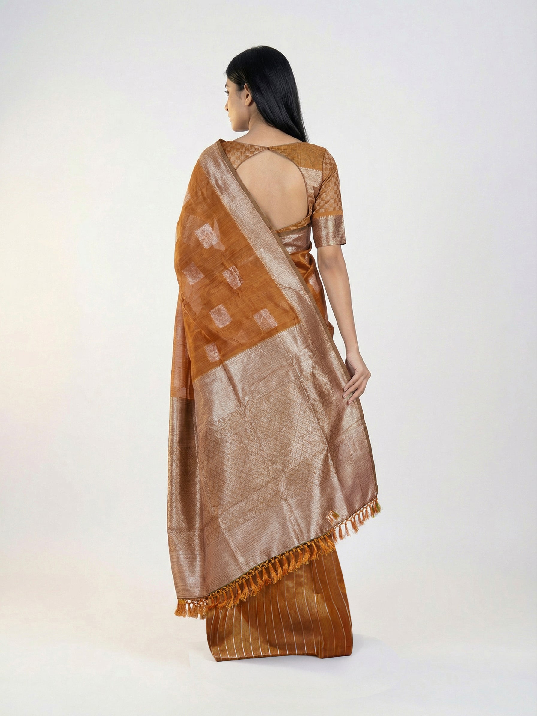 Semi Silk Premium Caramel Saree with Geometric Square Pattern