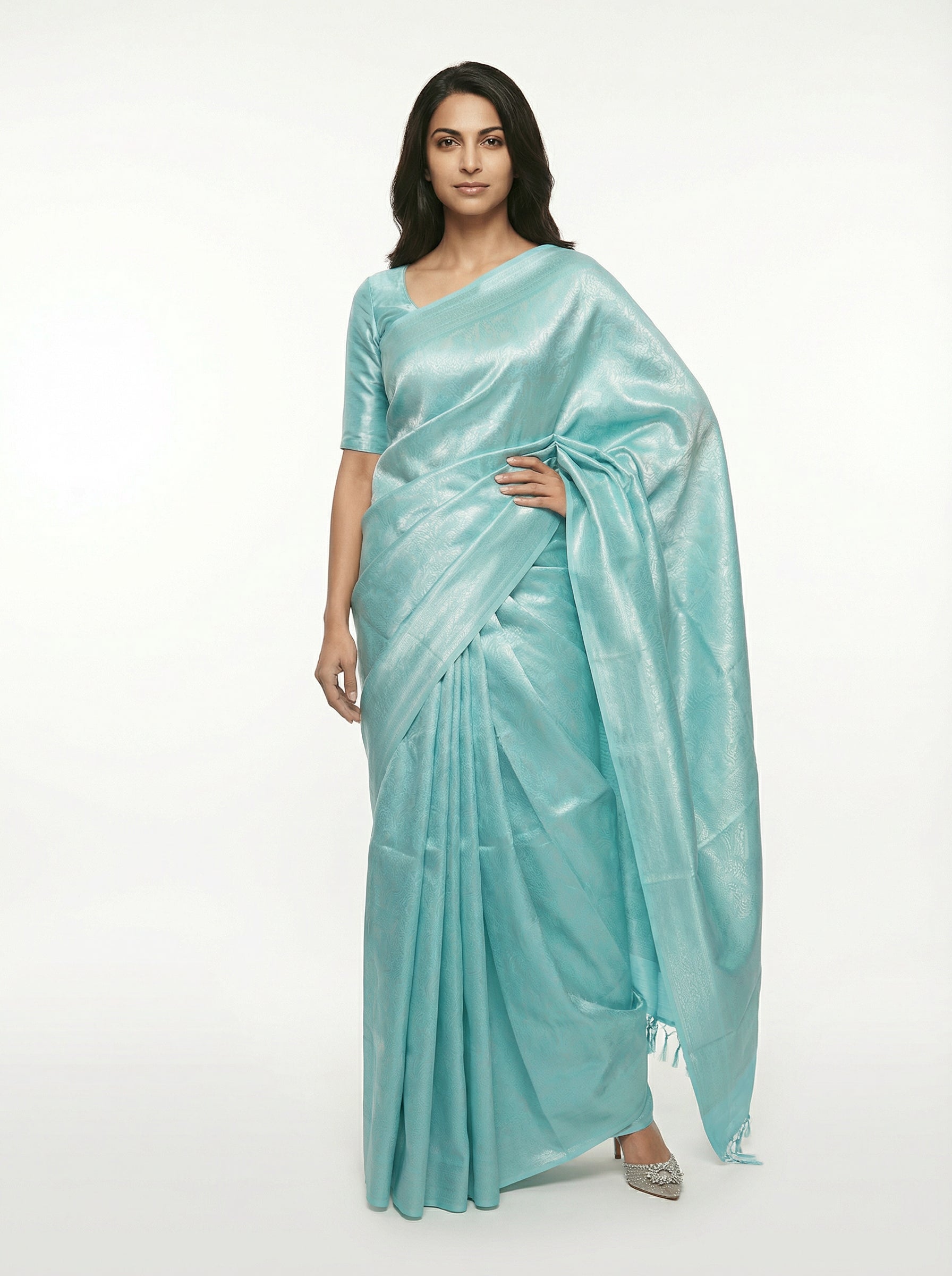 Semi Silk Sea Foam Ethnic Saree with Detailed Jacquard Work
