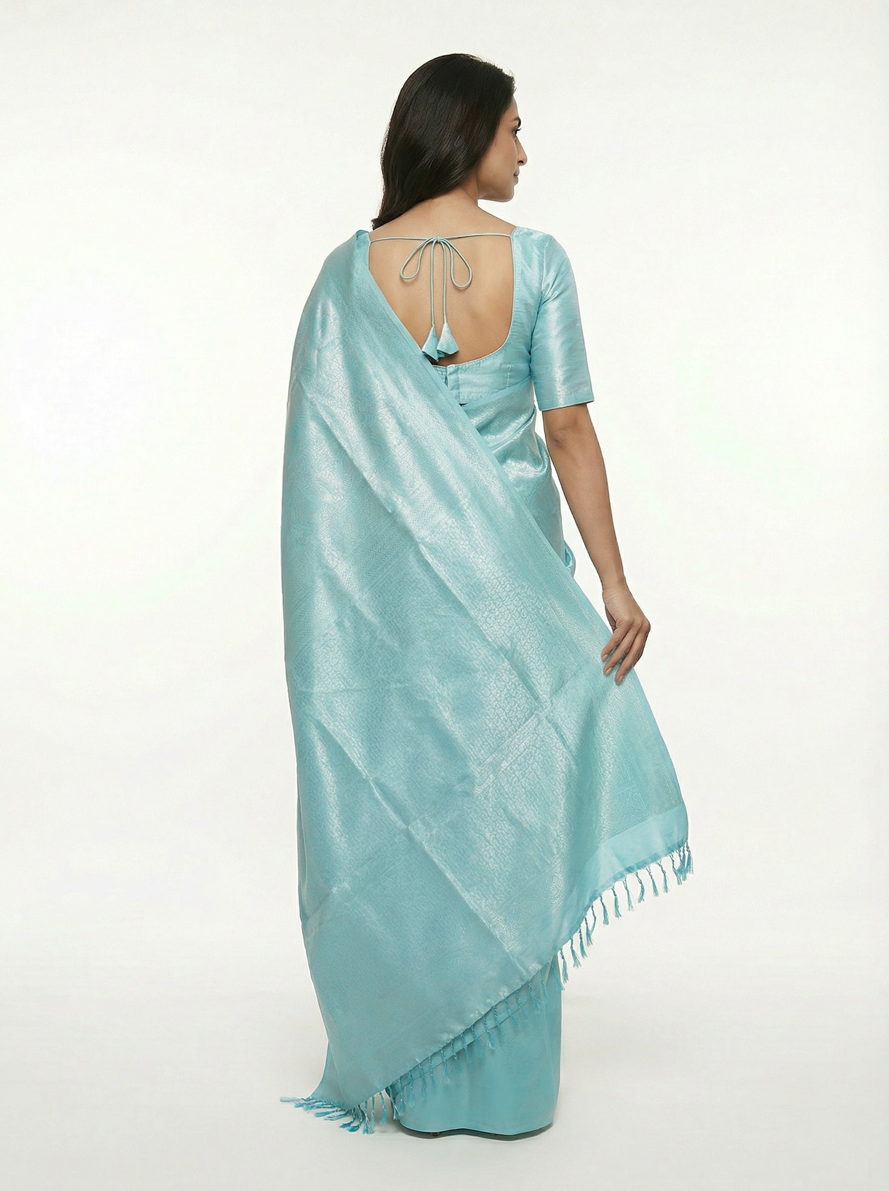 Semi Silk Sea Foam Ethnic Saree with Detailed Jacquard Work