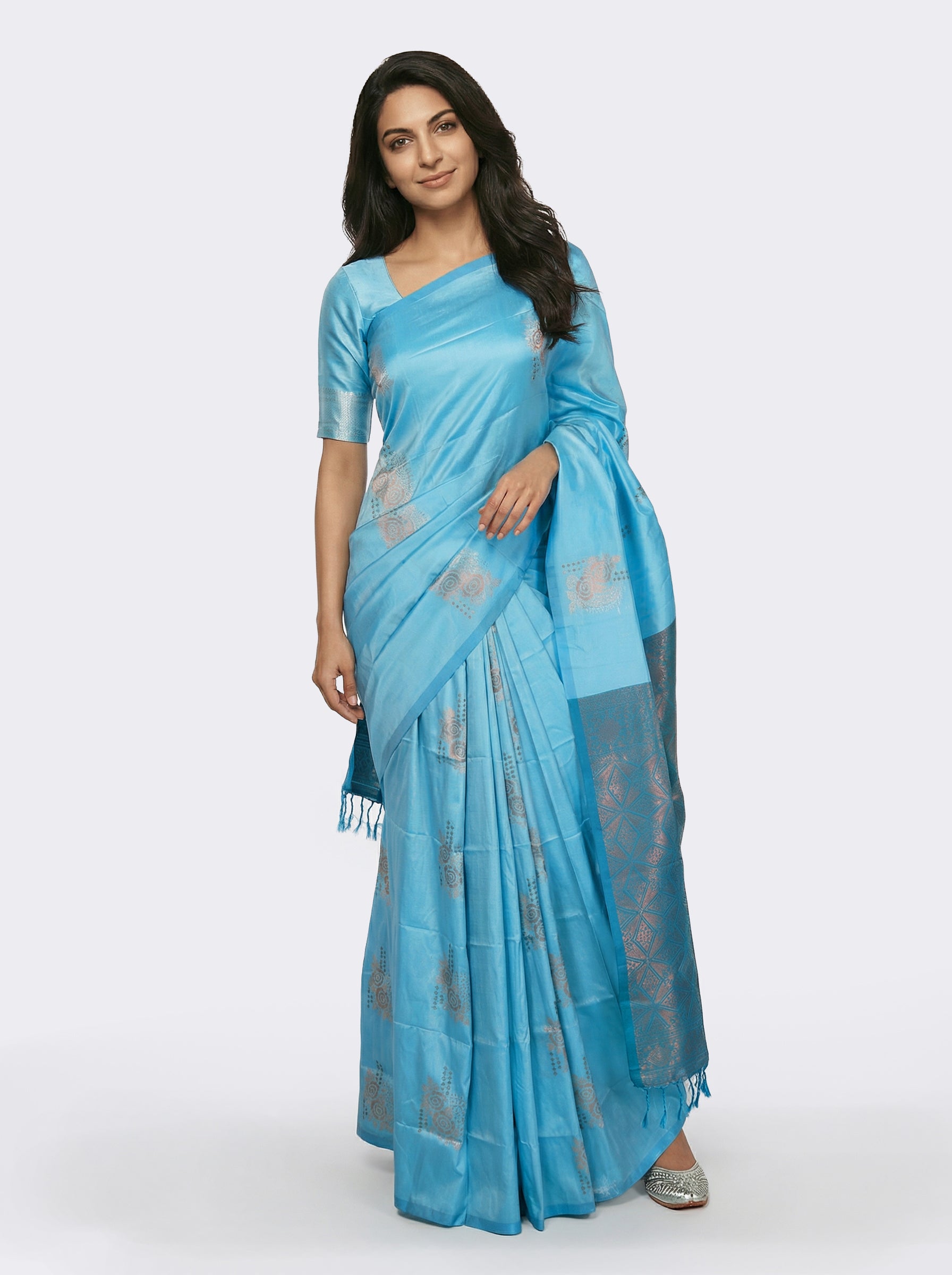 Art Silk Dark Sky Blue Festive Wear Saree with Designer Zari Buttas