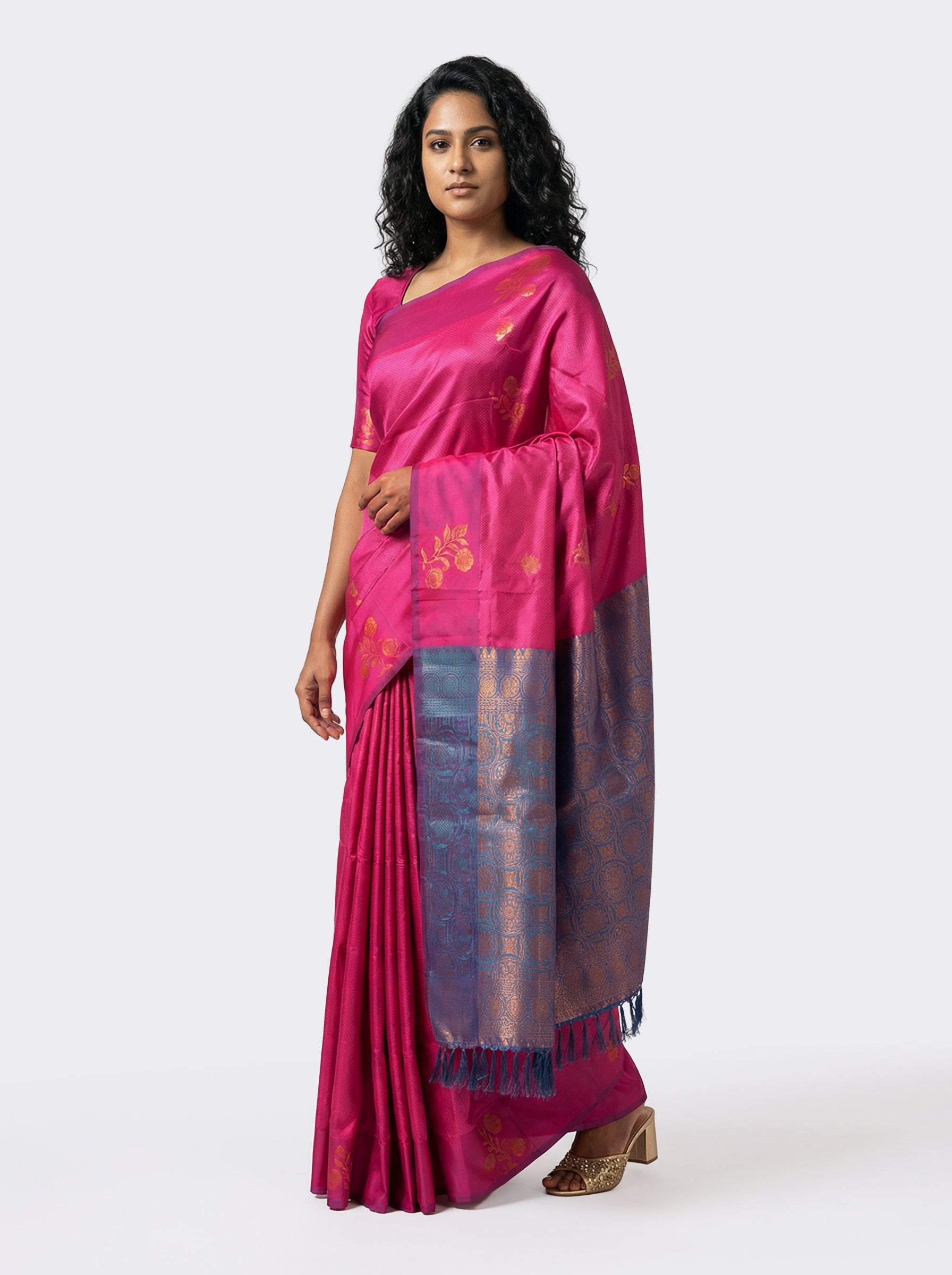 Semi Silk Festive Pink Saree with Peacock Blue Contrast Blouse