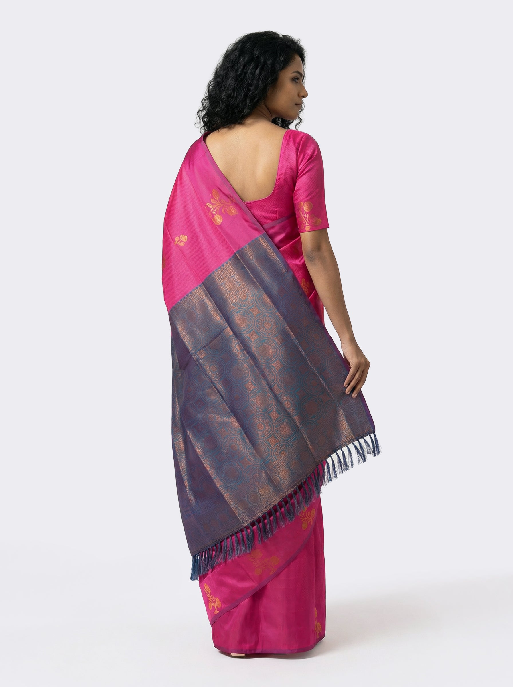 Semi Silk Festive Pink Saree with Peacock Blue Contrast Blouse
