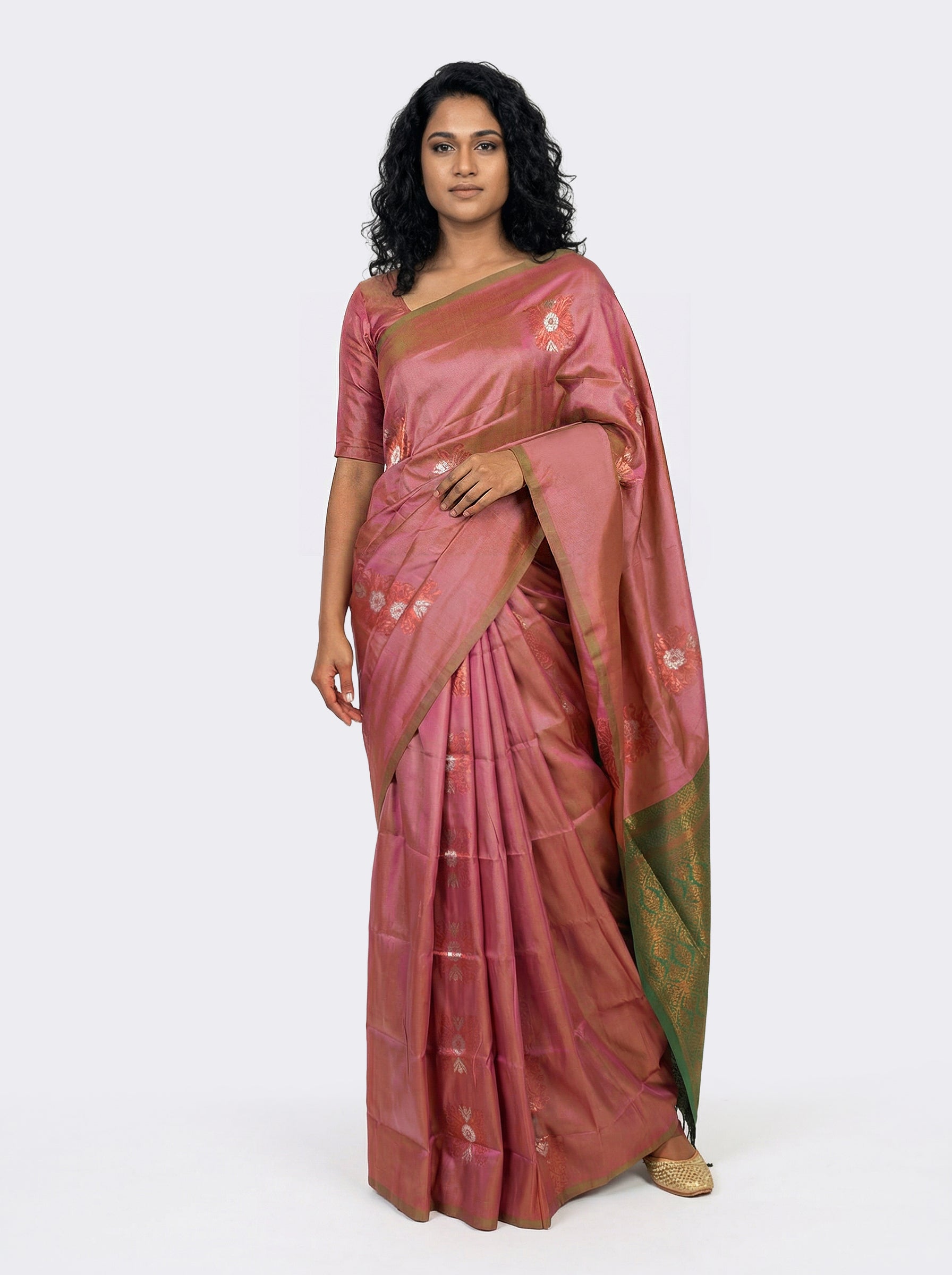 Semi Silk Premium Onion Pink Saree with Dual Tone Finish and Zari Floral Work