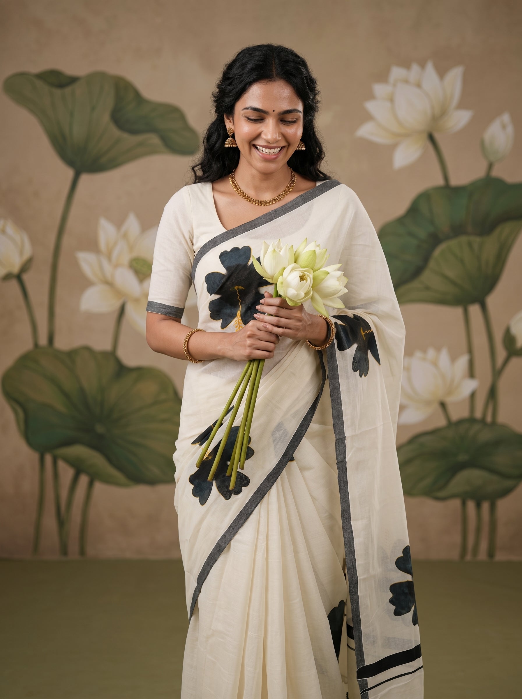 A woman wearing a cream-colored sari with black floral motifs and gray border details, holding a bouquet of white lotus flowers against a backdrop featuring a painted lotus pond mural.
