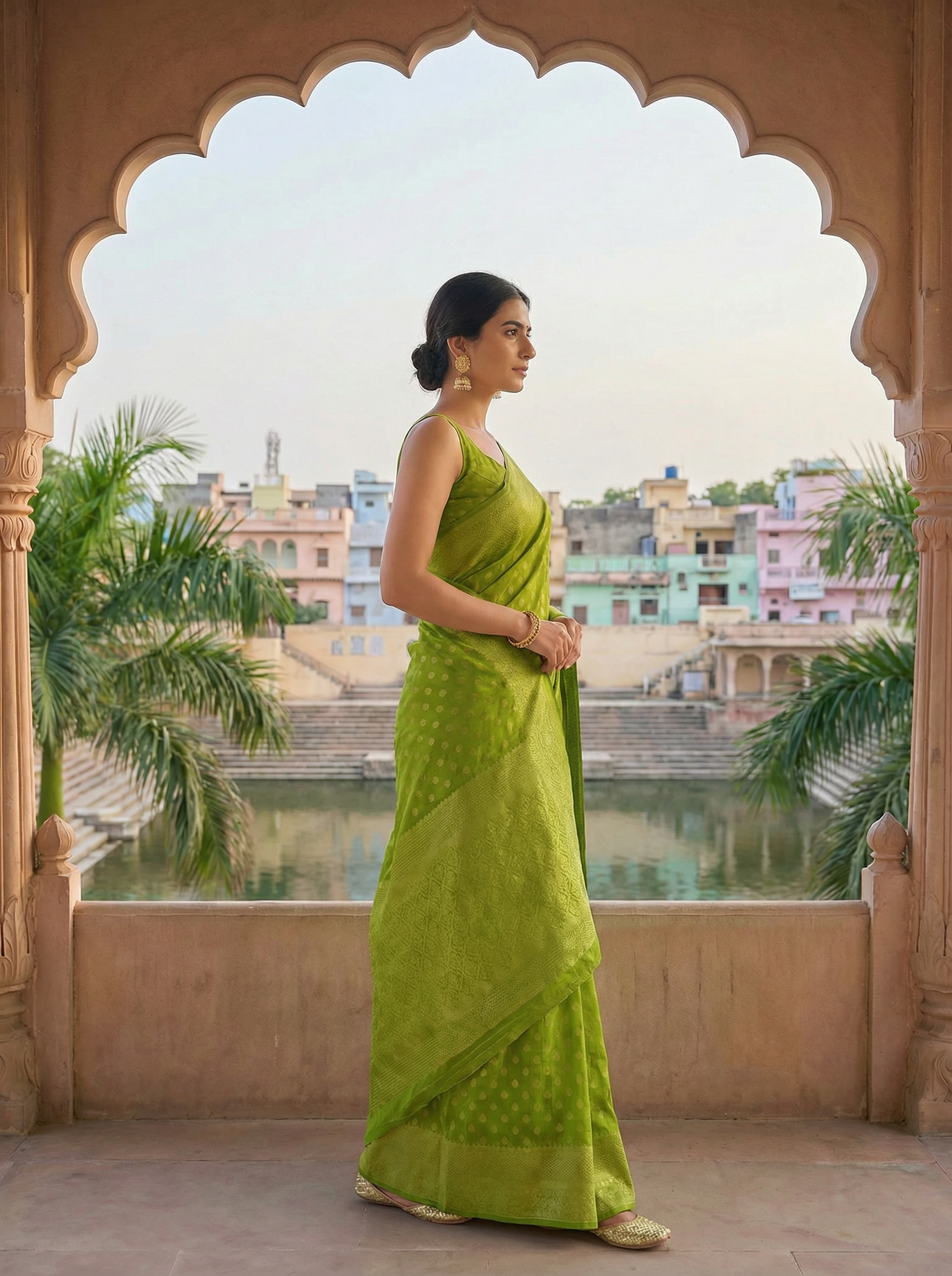 Georgette Banarasi  Parrot Green Butti Saree