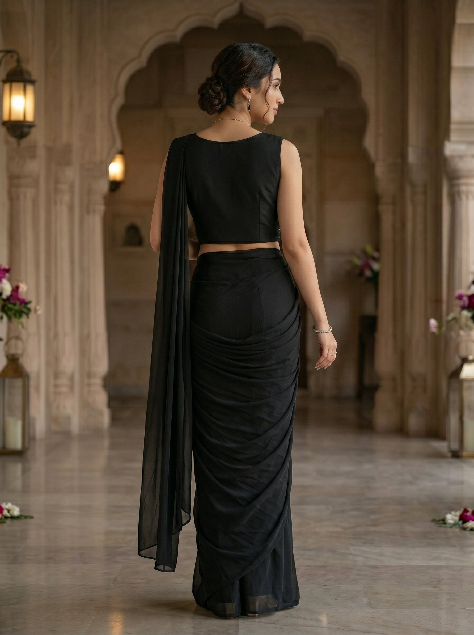 Lycra Satin Black Sequined Embellished  Ready-to-Wear Saree with Designer Blouse