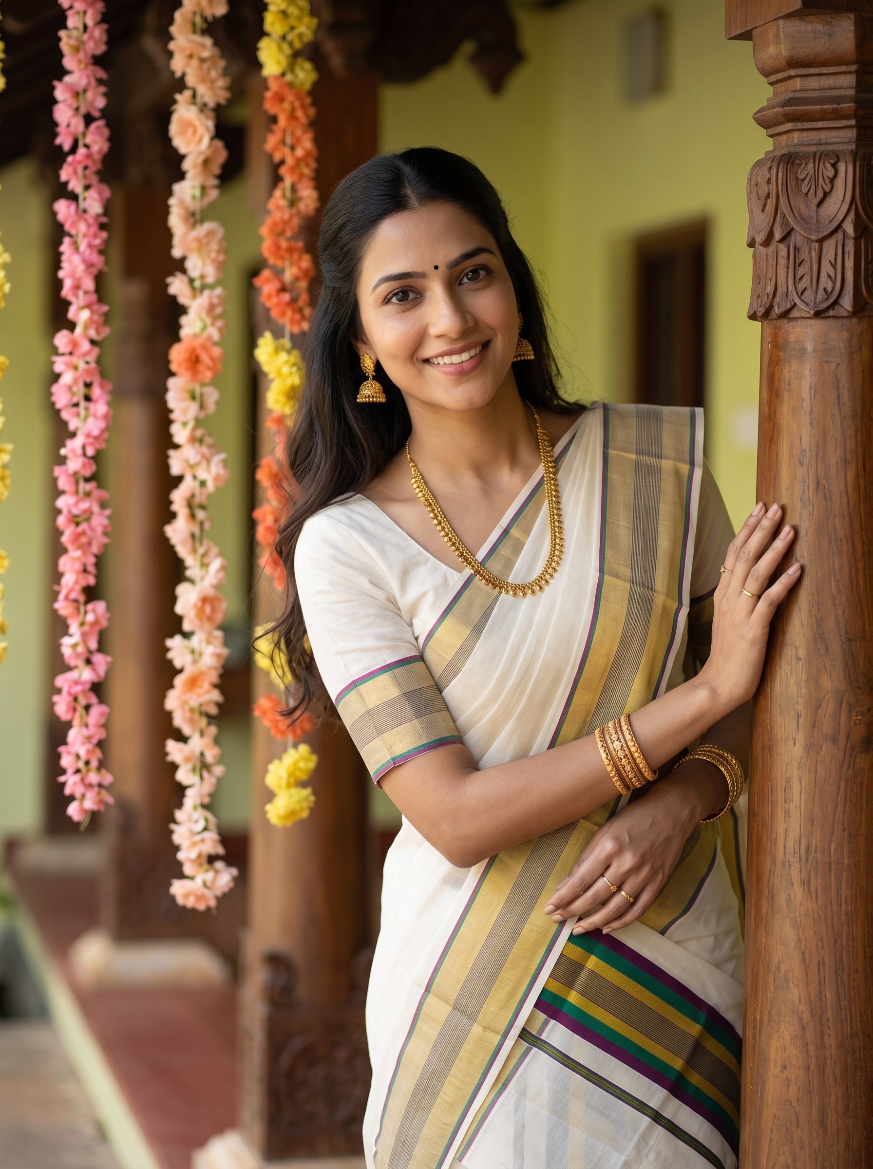 A woman wearing a white and gold striped traditional Indian saree, accessorized with gold jewelry, standing in a courtyard next to a carved wooden pillar with hanging flower garlands.