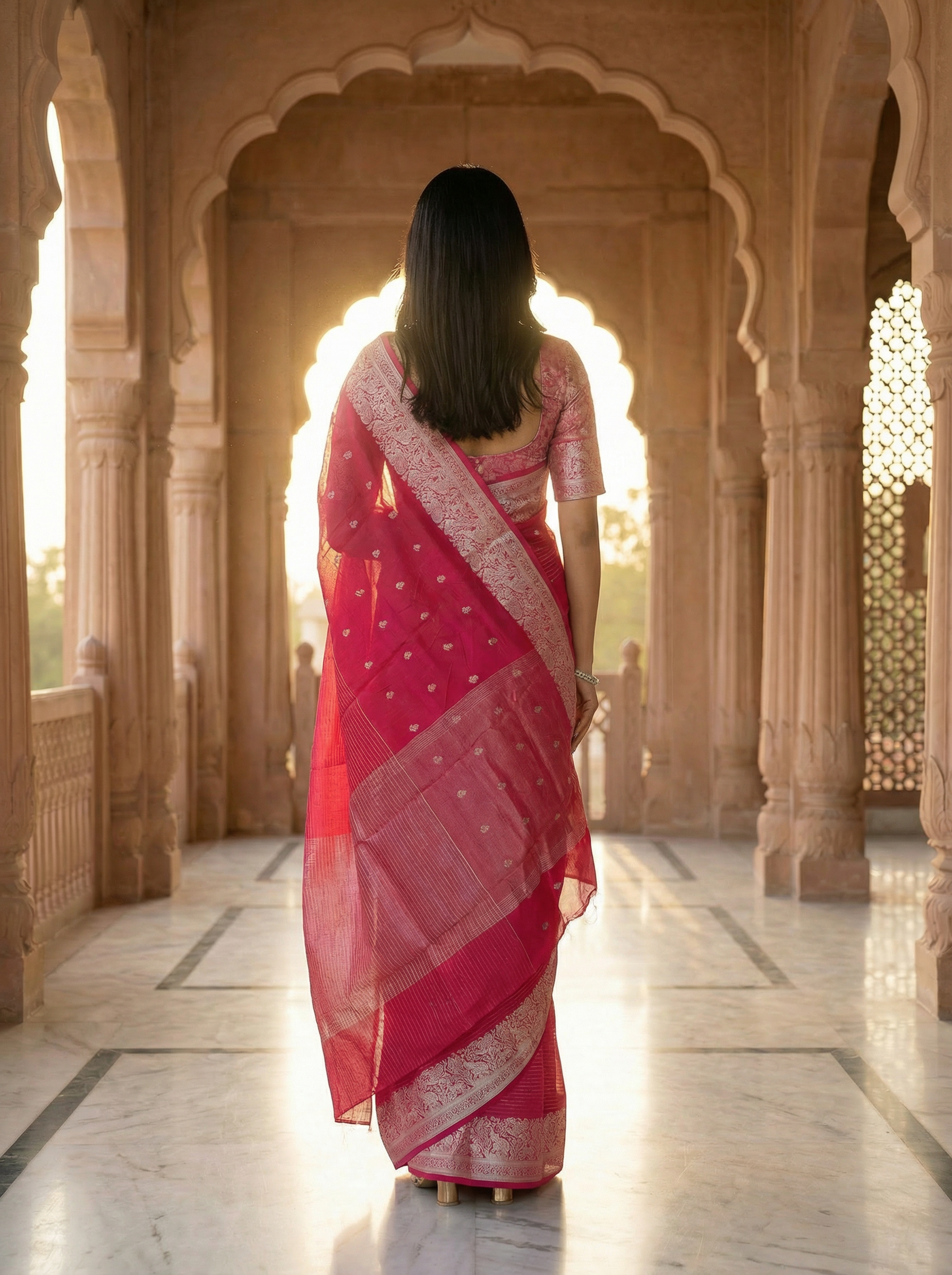 Georgette Banarasi  Rani Pink Zari Butti Saree