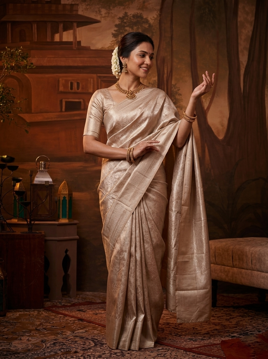 Kanjivaram Silk Pastel Peach Zari Texture Traditional Saree