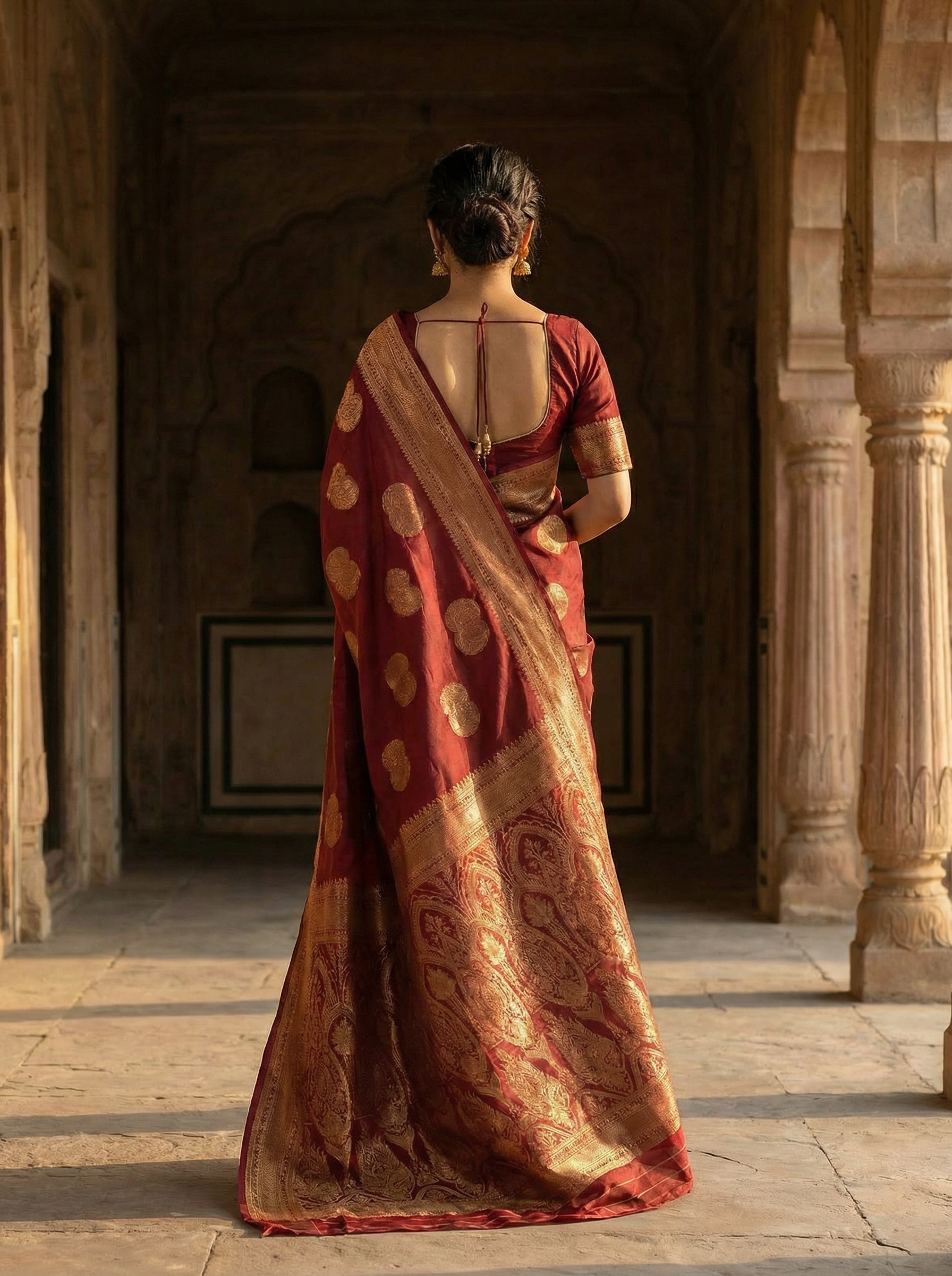 Georgette Burgundy Gold Coin Motif Saree
