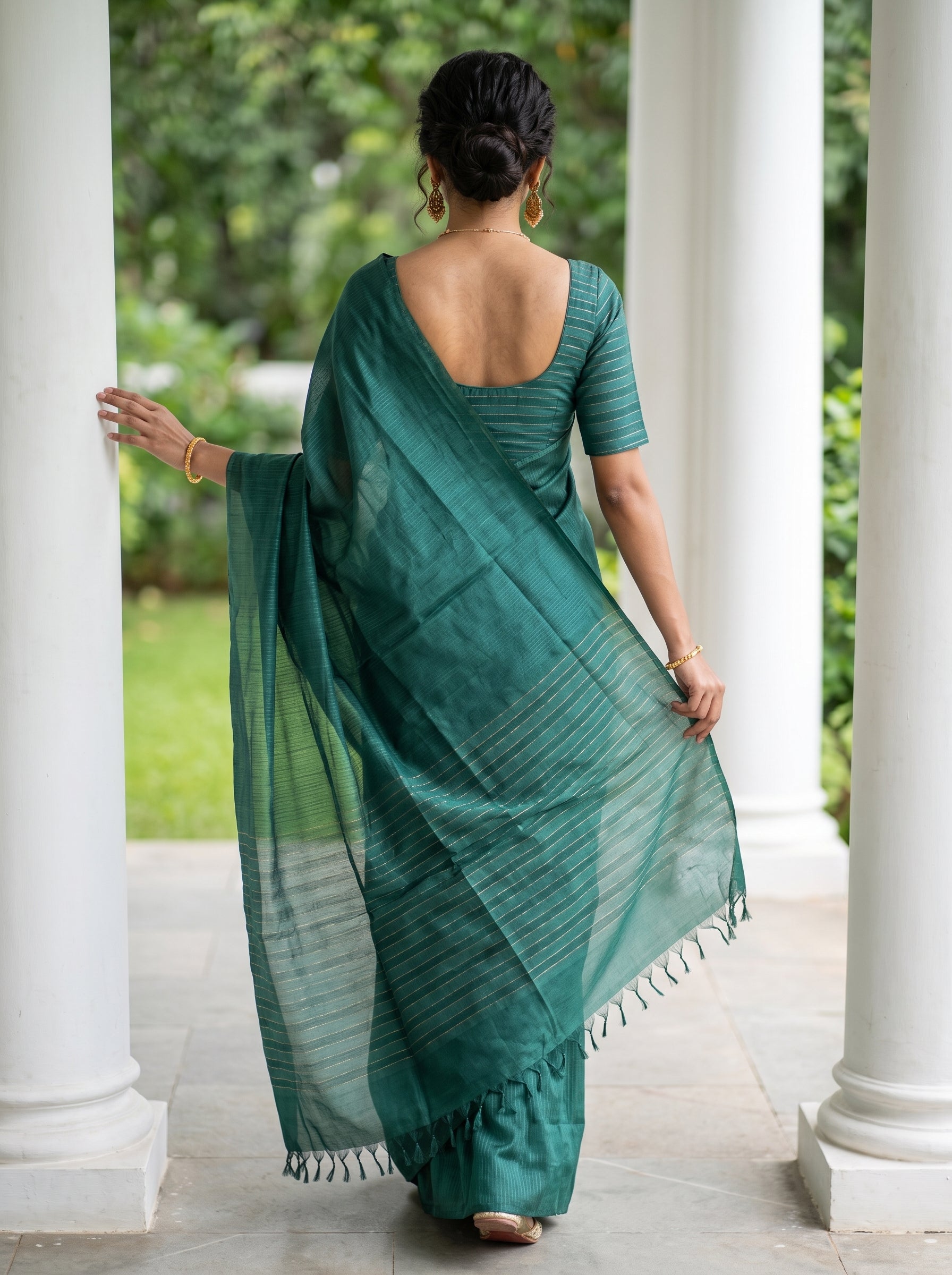 Semi Silk Bottle Green Self Stripe Saree with Solid Border