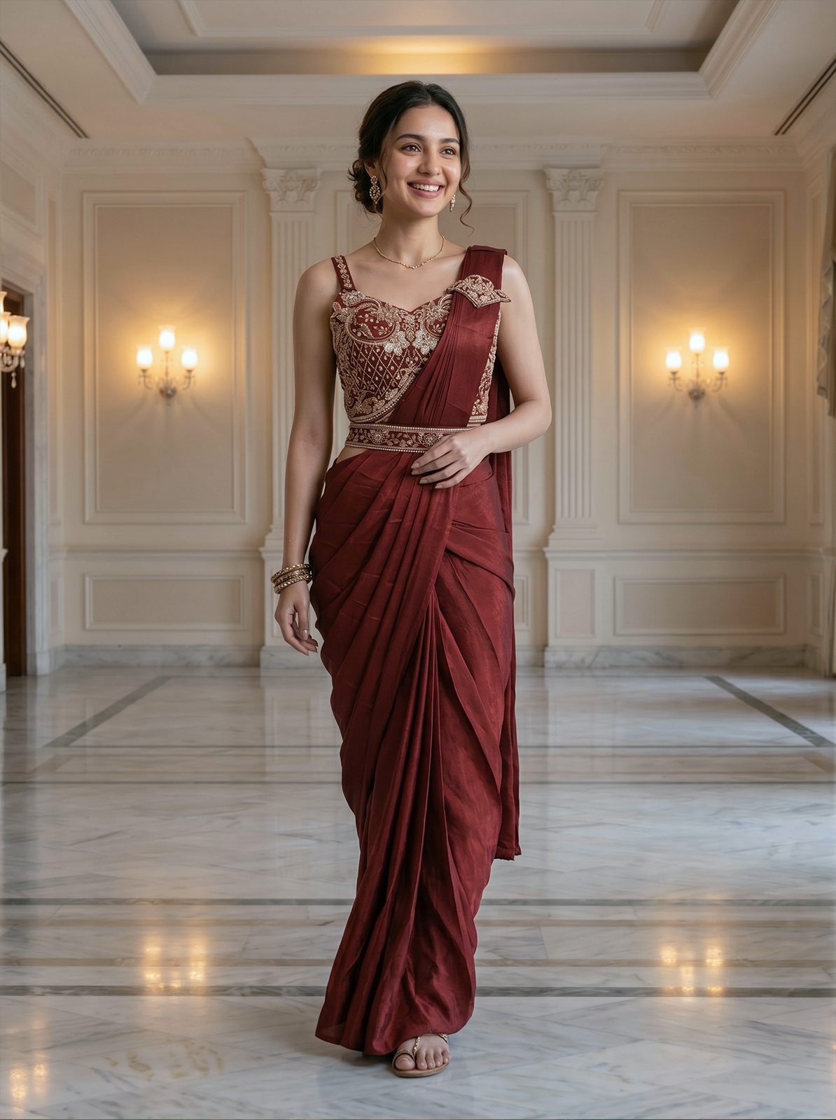 Woman in a maroon saree with gold blouse in an elegant indoor setting