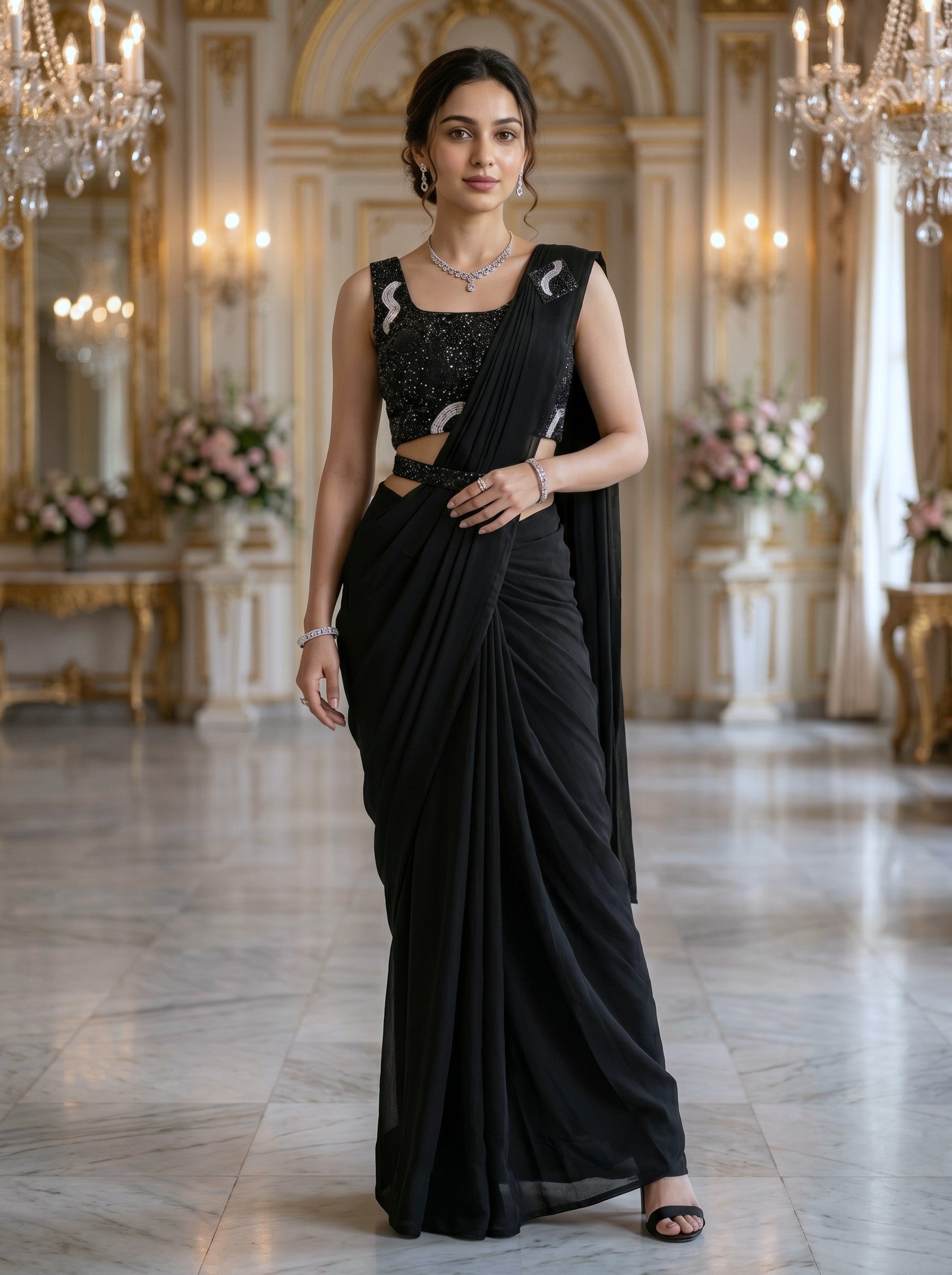 Satin Organza Black Ready-to-Wear Designer Saree with Sequins Embellished Blouse