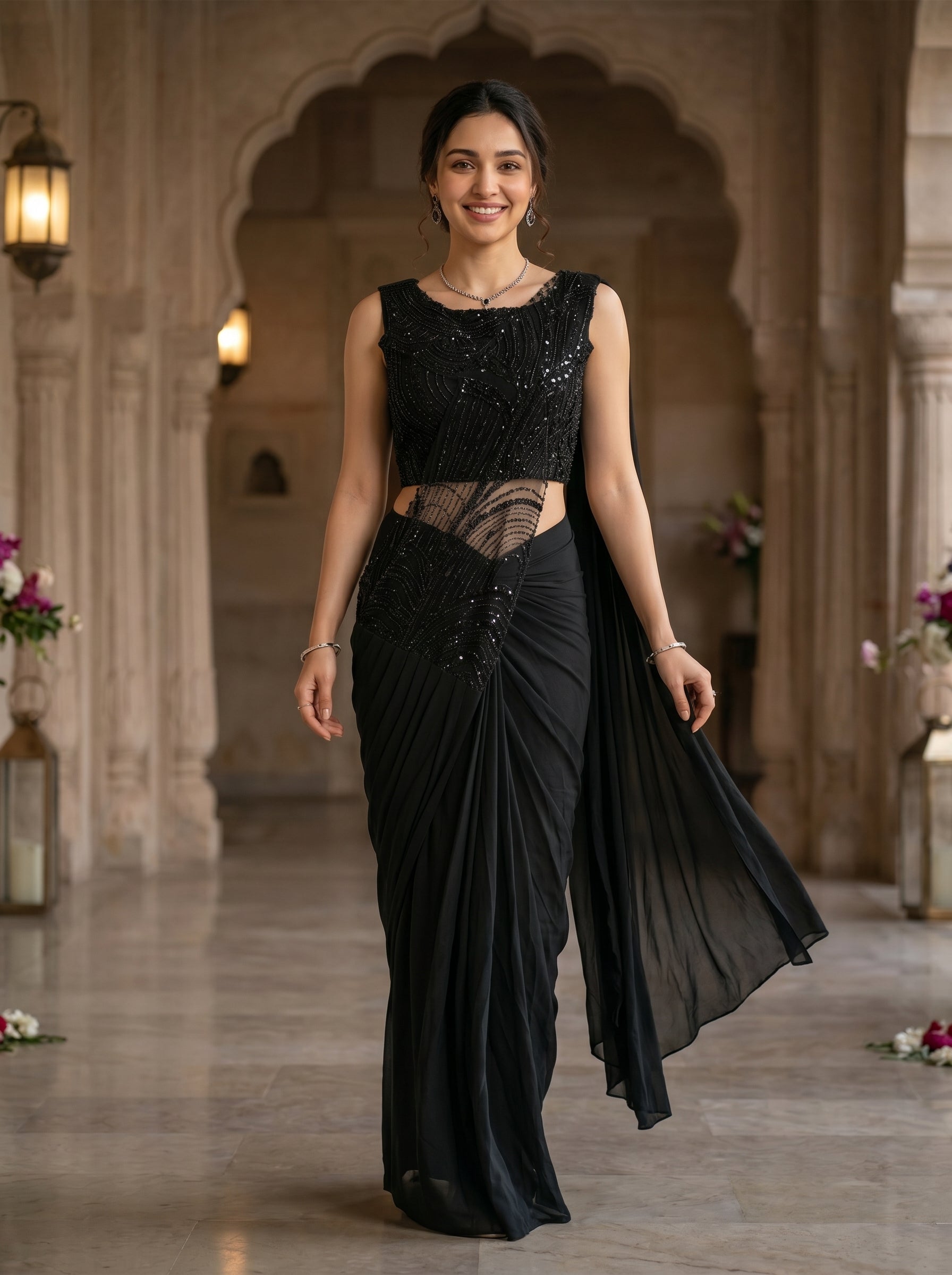 Lycra Satin Black Sequined Embellished  Ready-to-Wear Saree with Designer Blouse