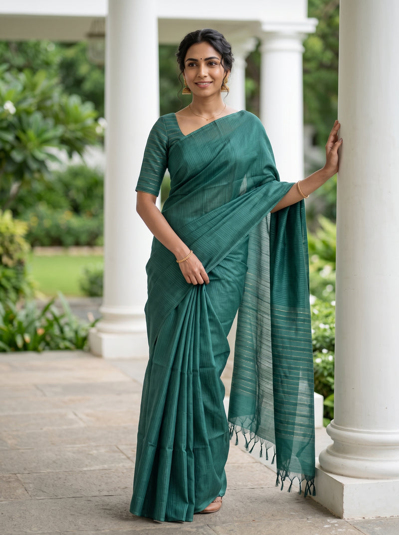 A woman wearing a dark green silk saree with a matching blouse stands in a garden corridor with white pillars.