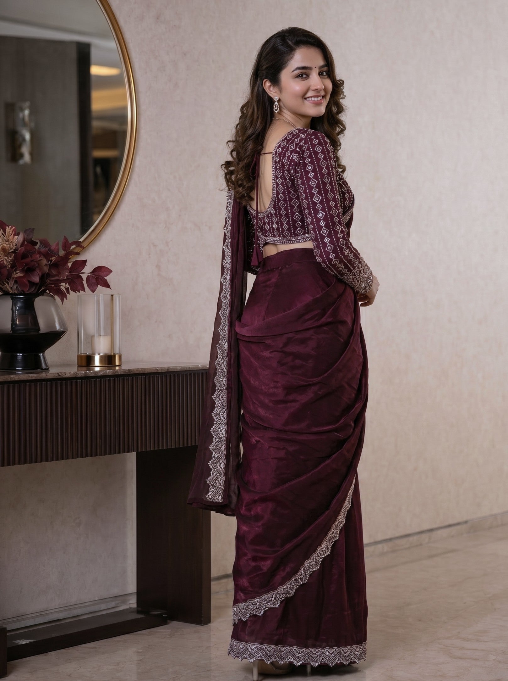 Jimmy Choo Wine Purple Designer Ready-to-Wear Saree with Heavy Embroidered Full Sleeve Blouse