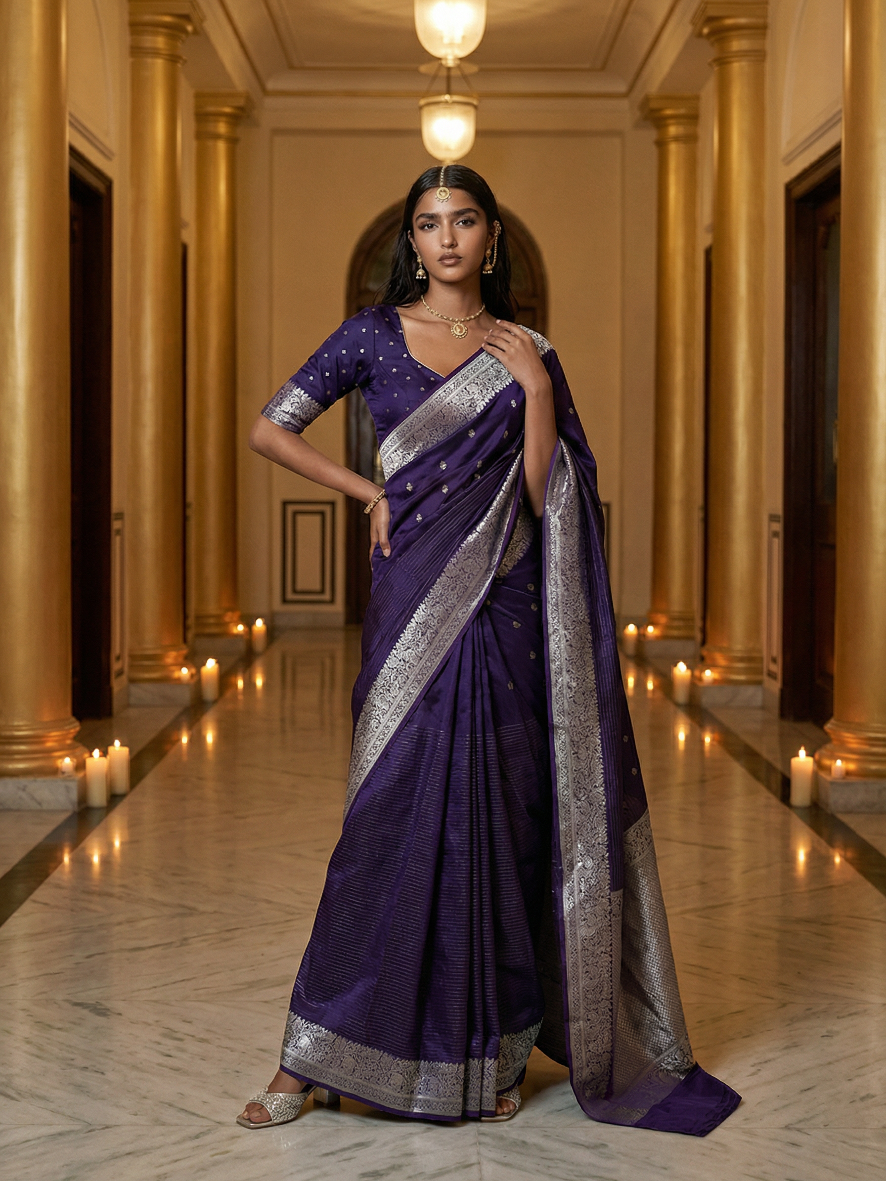 Georgette Banarasi  Royal Purple Silver Zari Butta Saree
