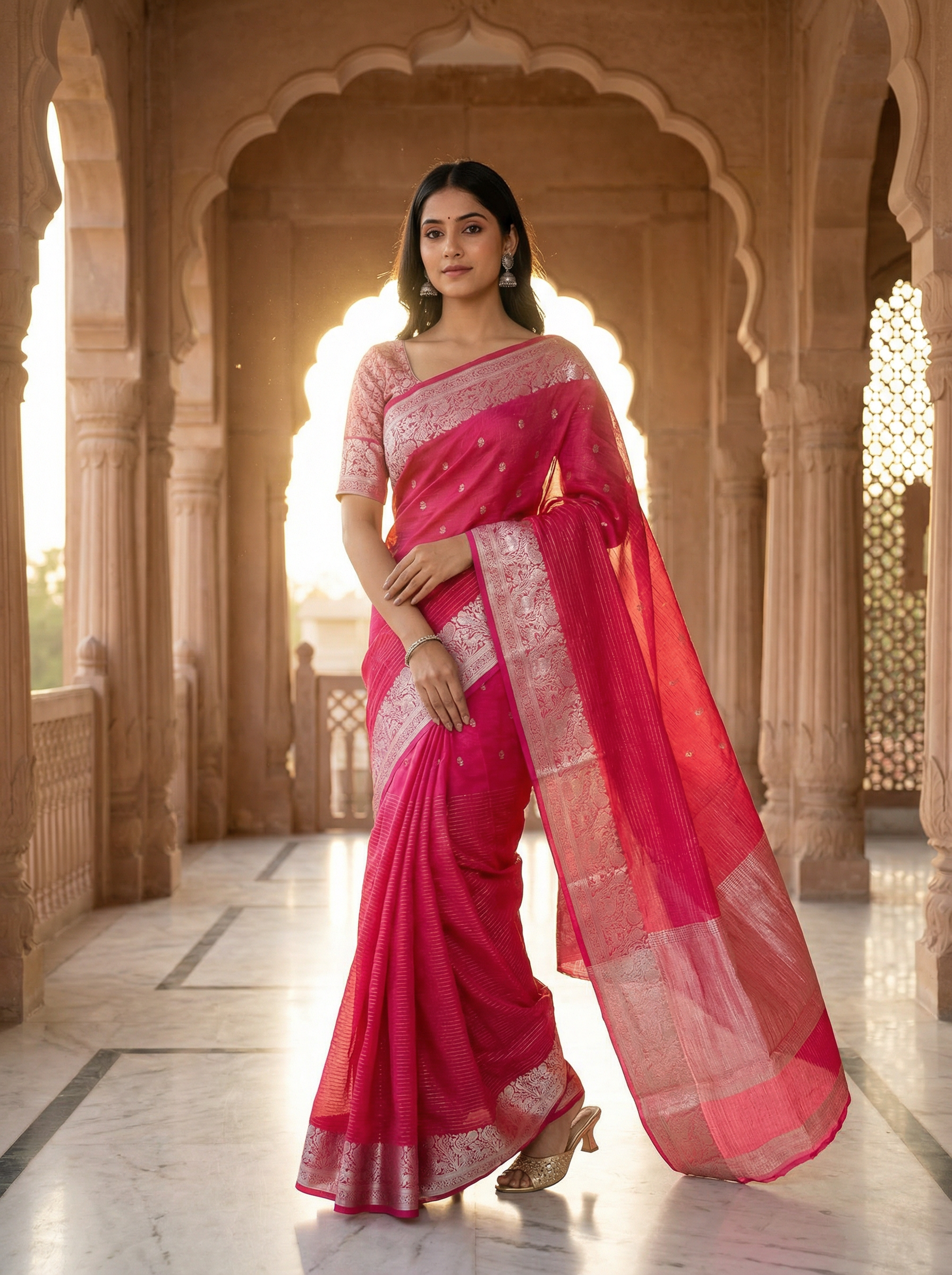 Georgette Banarasi  Rani Pink Zari Butti Saree