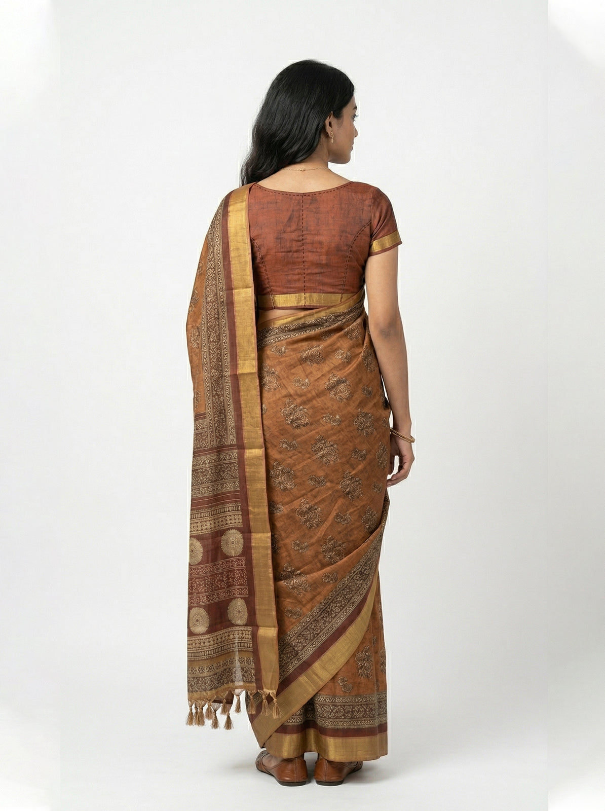Chanderi Silk Rust Brown Floral Printed Saree